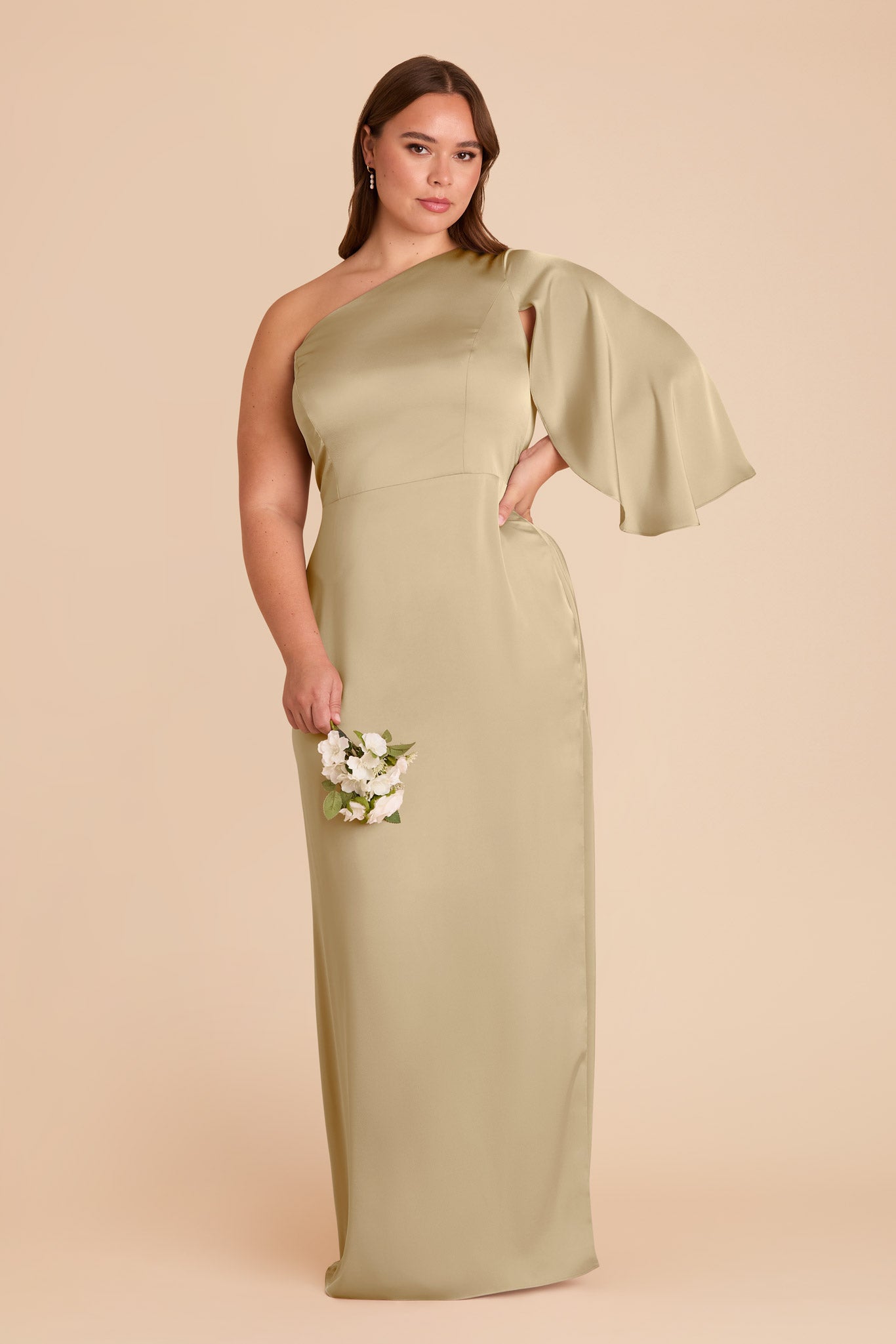 One-Shoulder Satin Dress with Shoulder Overlay | Christine Moss Green
