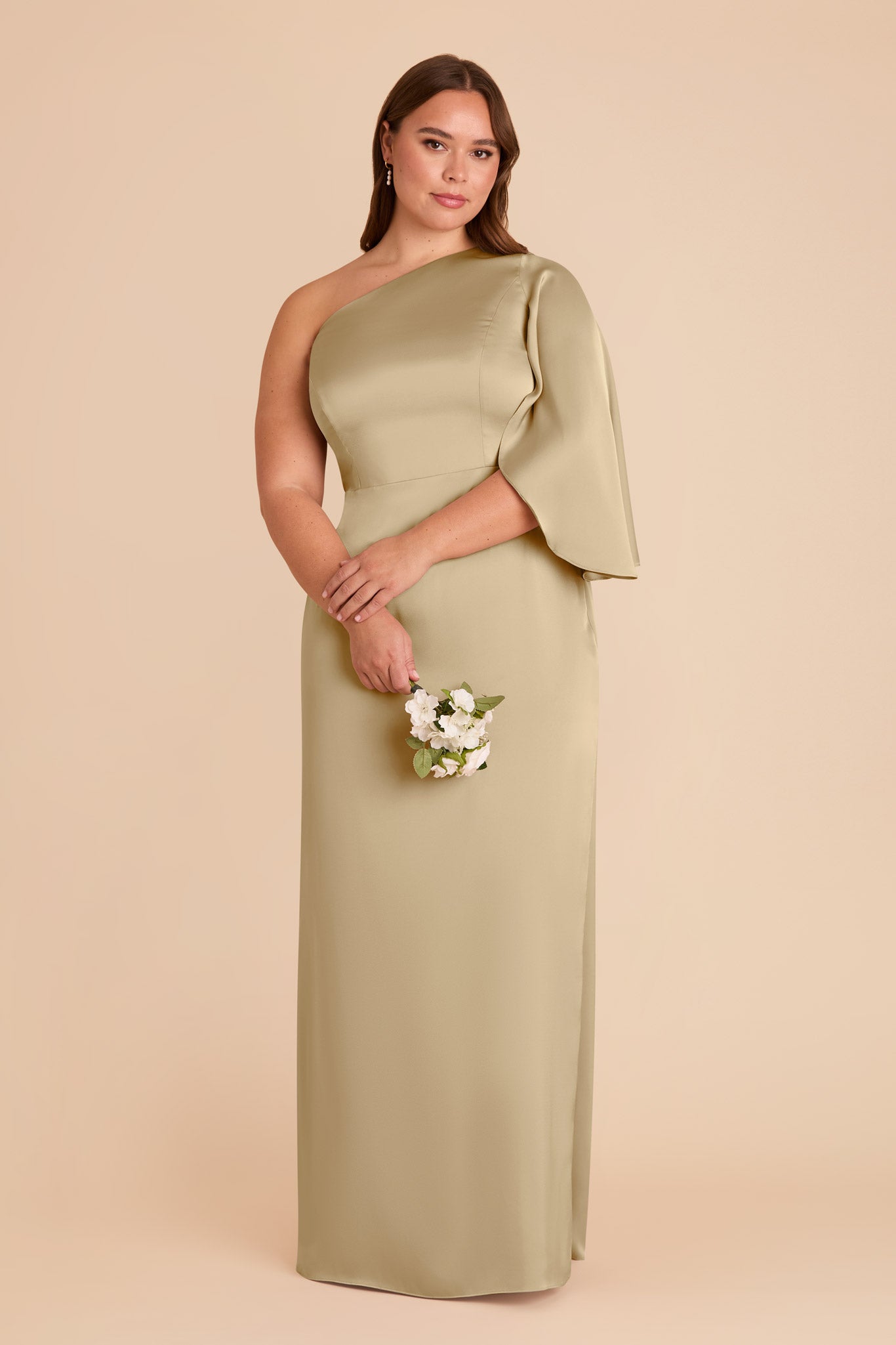 One-Shoulder Satin Dress with Shoulder Overlay | Christine Moss Green