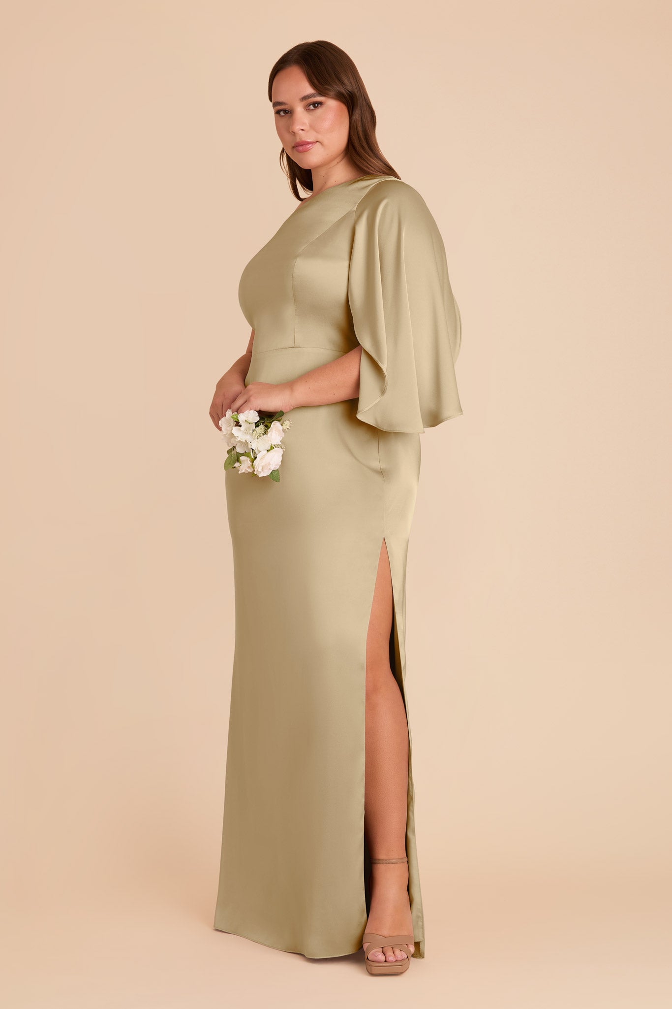 One-Shoulder Satin Dress with Shoulder Overlay | Christine Moss Green