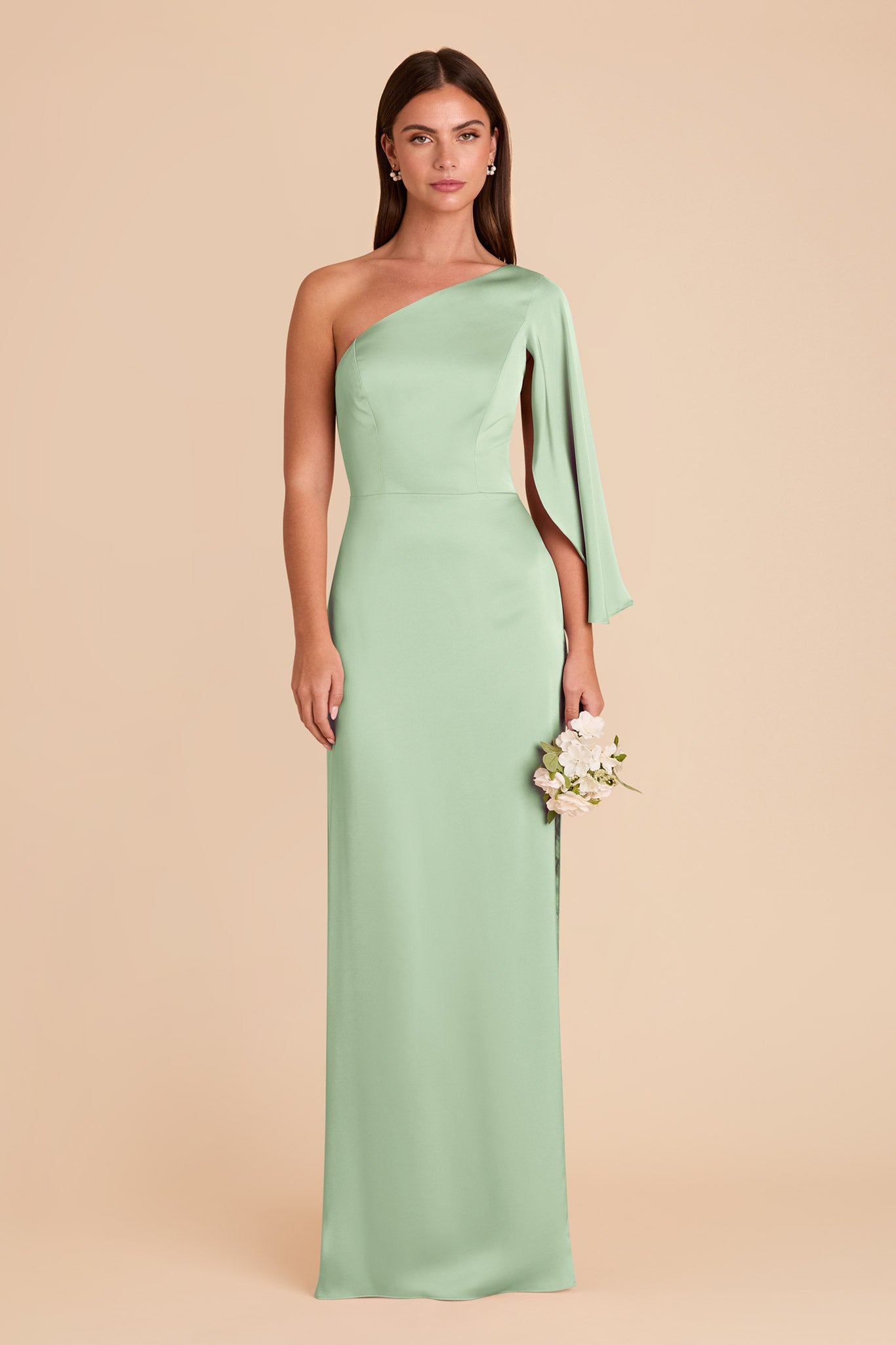 One-Shoulder Satin Dress with Graceful Overlay | Christine Pistachio