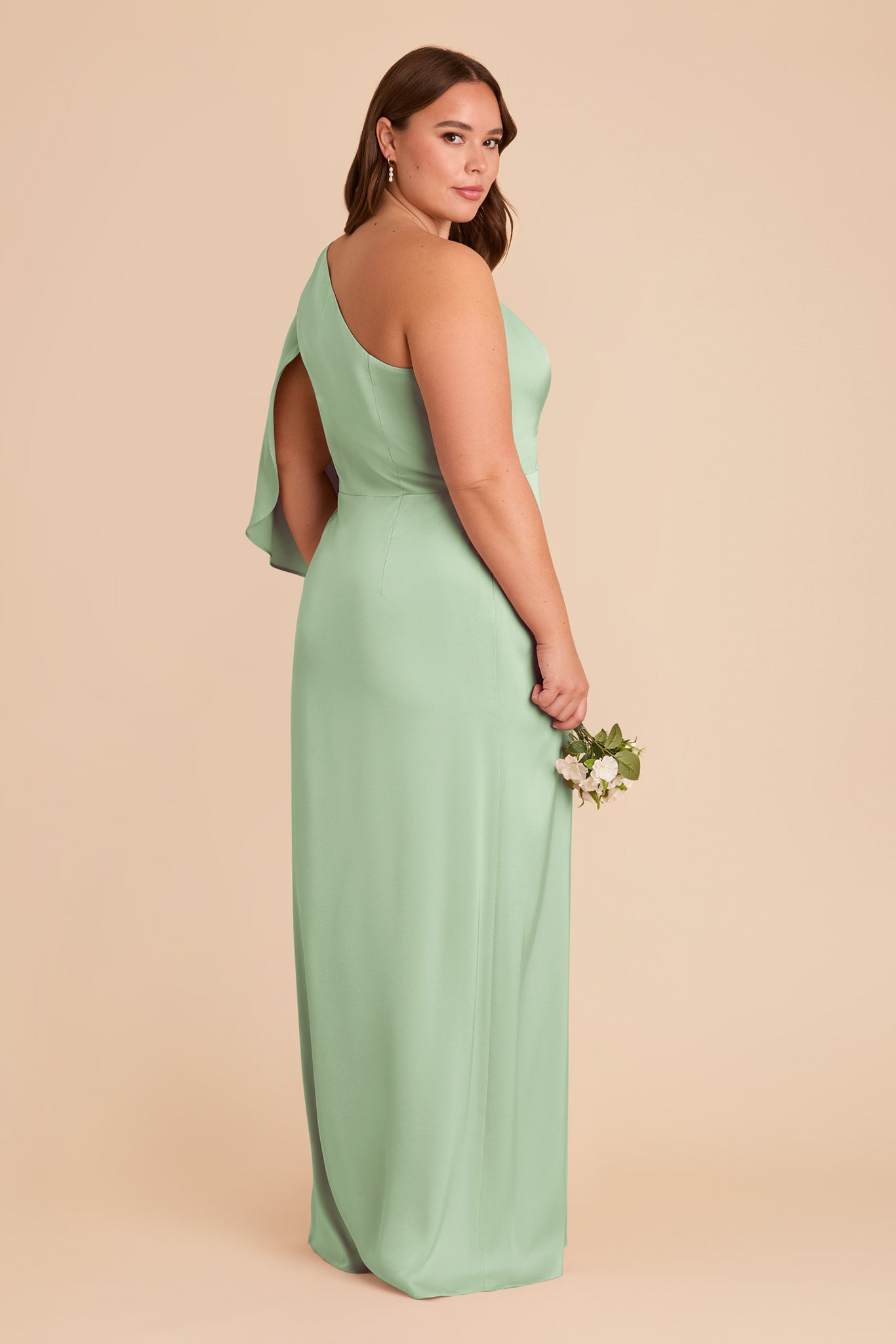One-Shoulder Satin Dress with Graceful Overlay | Christine Pistachio
