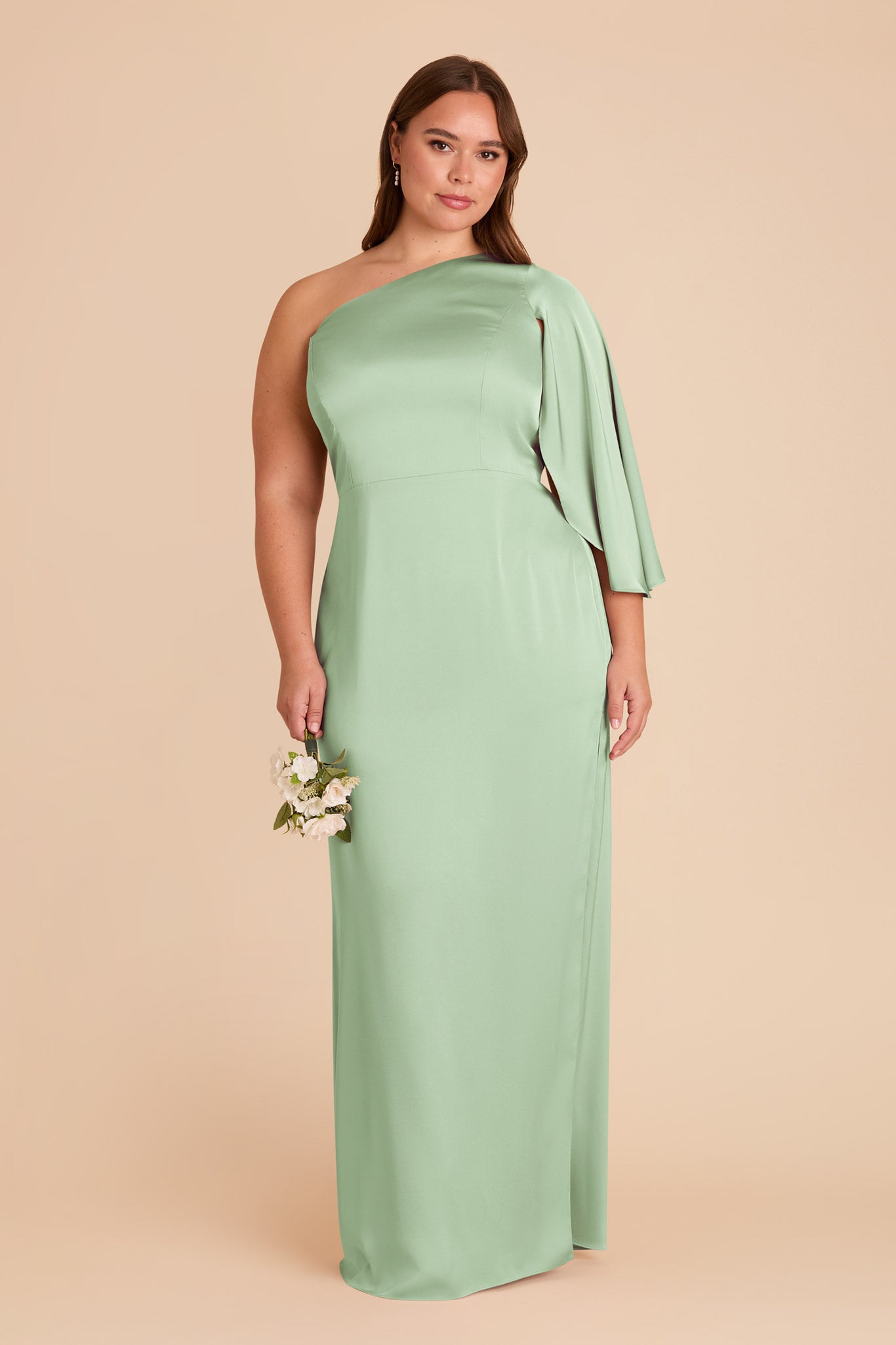 One-Shoulder Satin Dress with Graceful Overlay | Christine Pistachio