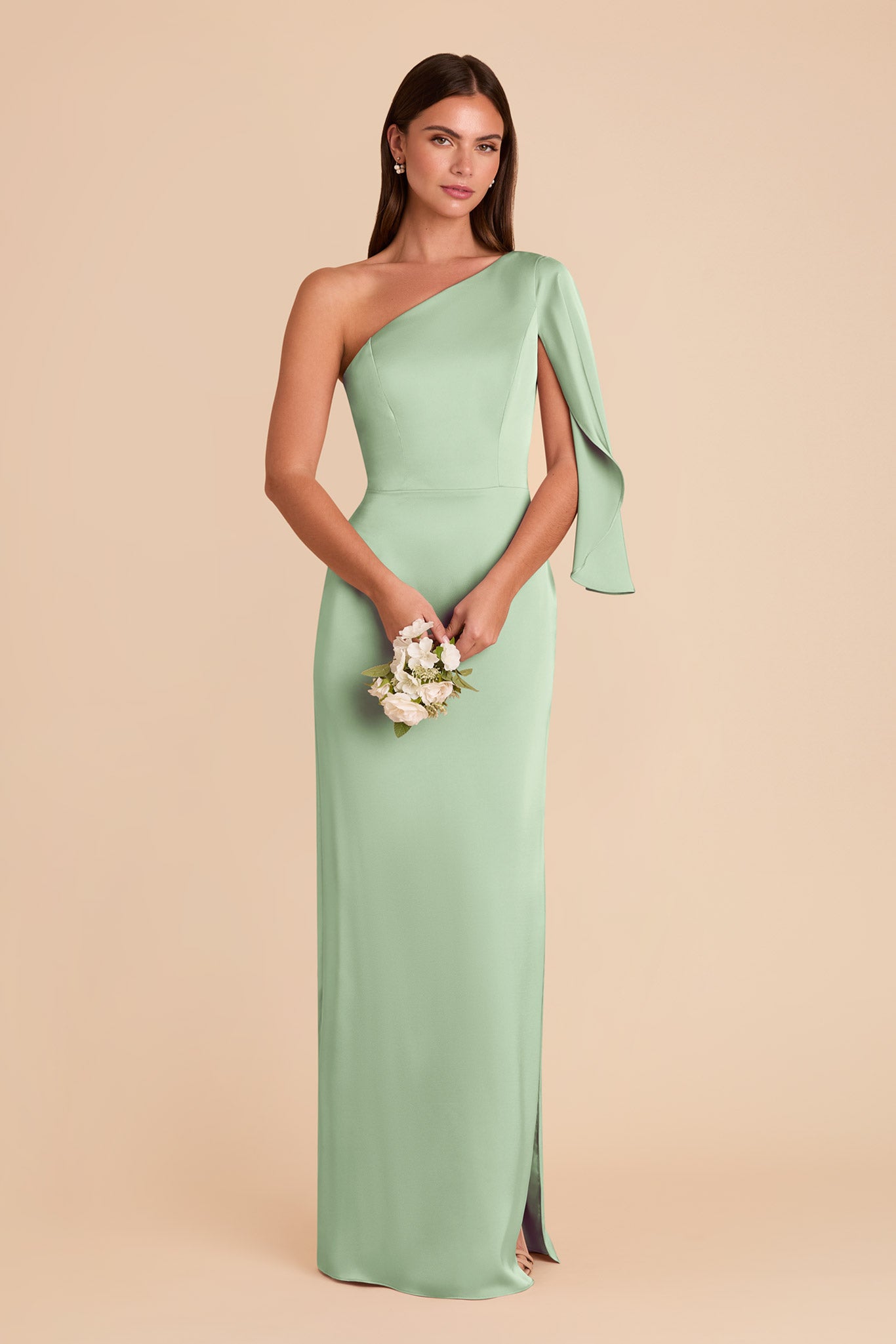 One-Shoulder Satin Dress with Graceful Overlay | Christine Pistachio
