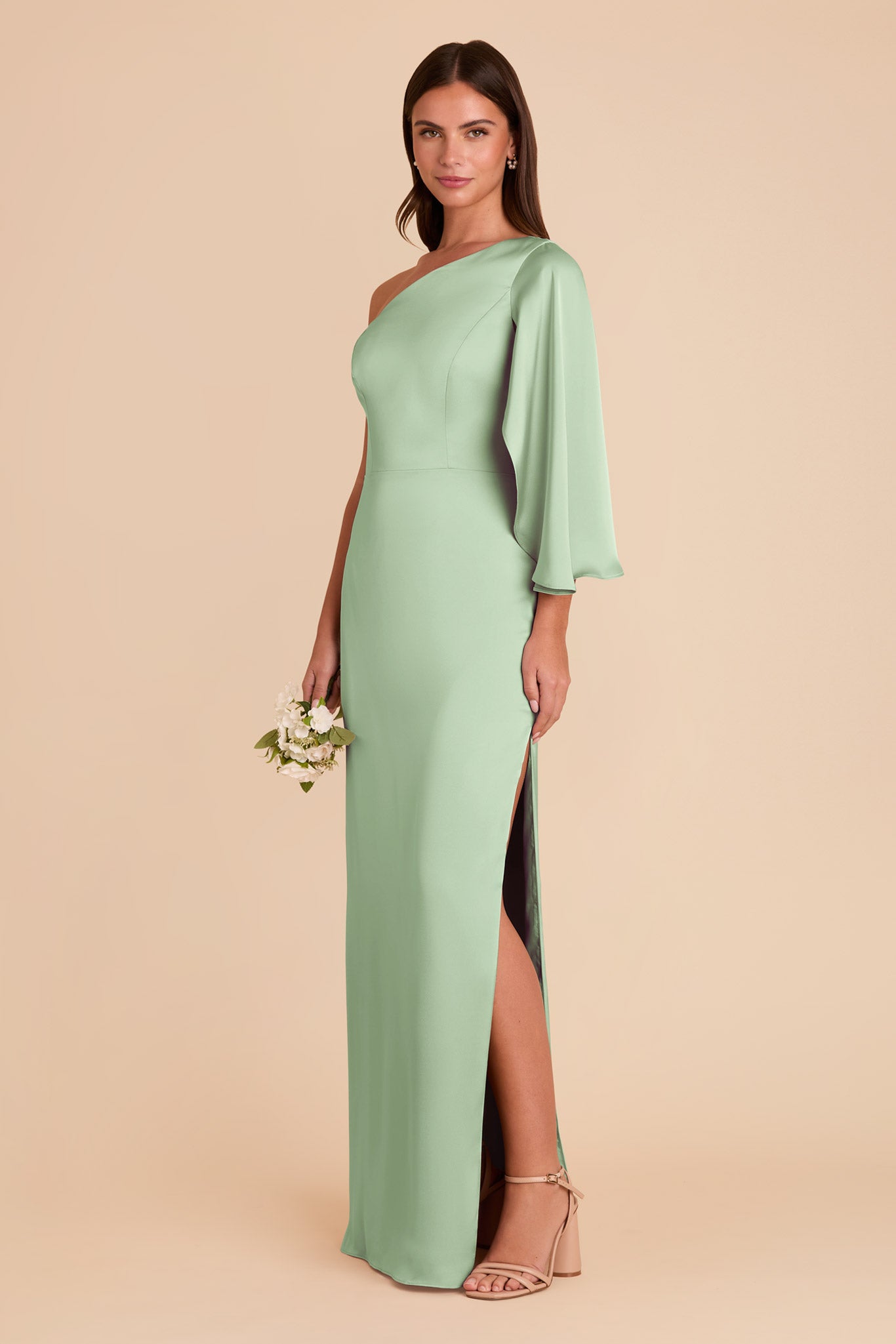 One-Shoulder Satin Dress with Graceful Overlay | Christine Pistachio