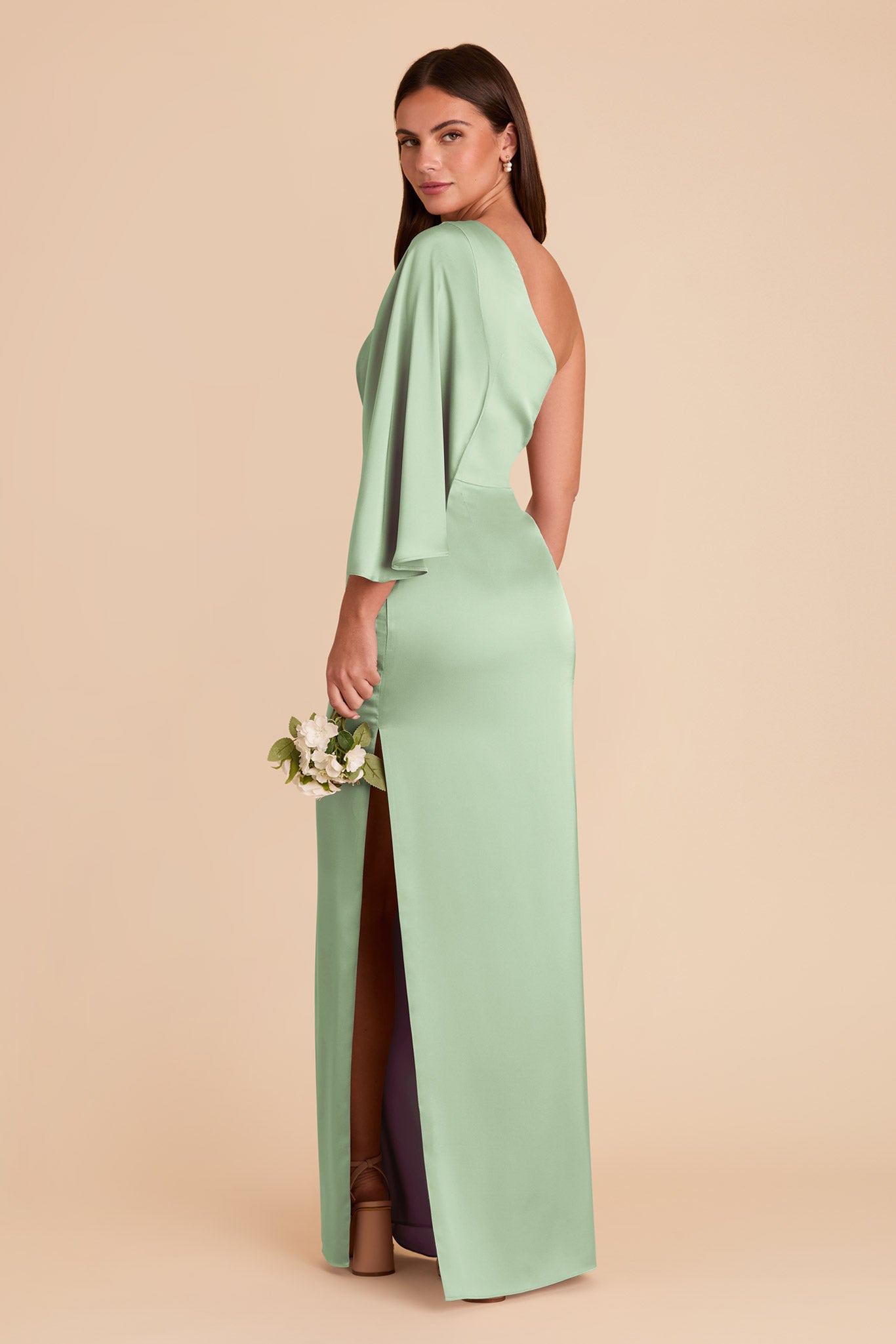 One-Shoulder Satin Dress with Graceful Overlay | Christine Pistachio