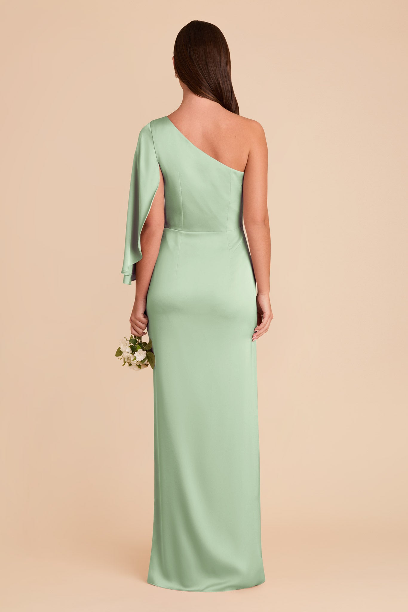 One-Shoulder Satin Dress with Graceful Overlay | Christine Pistachio