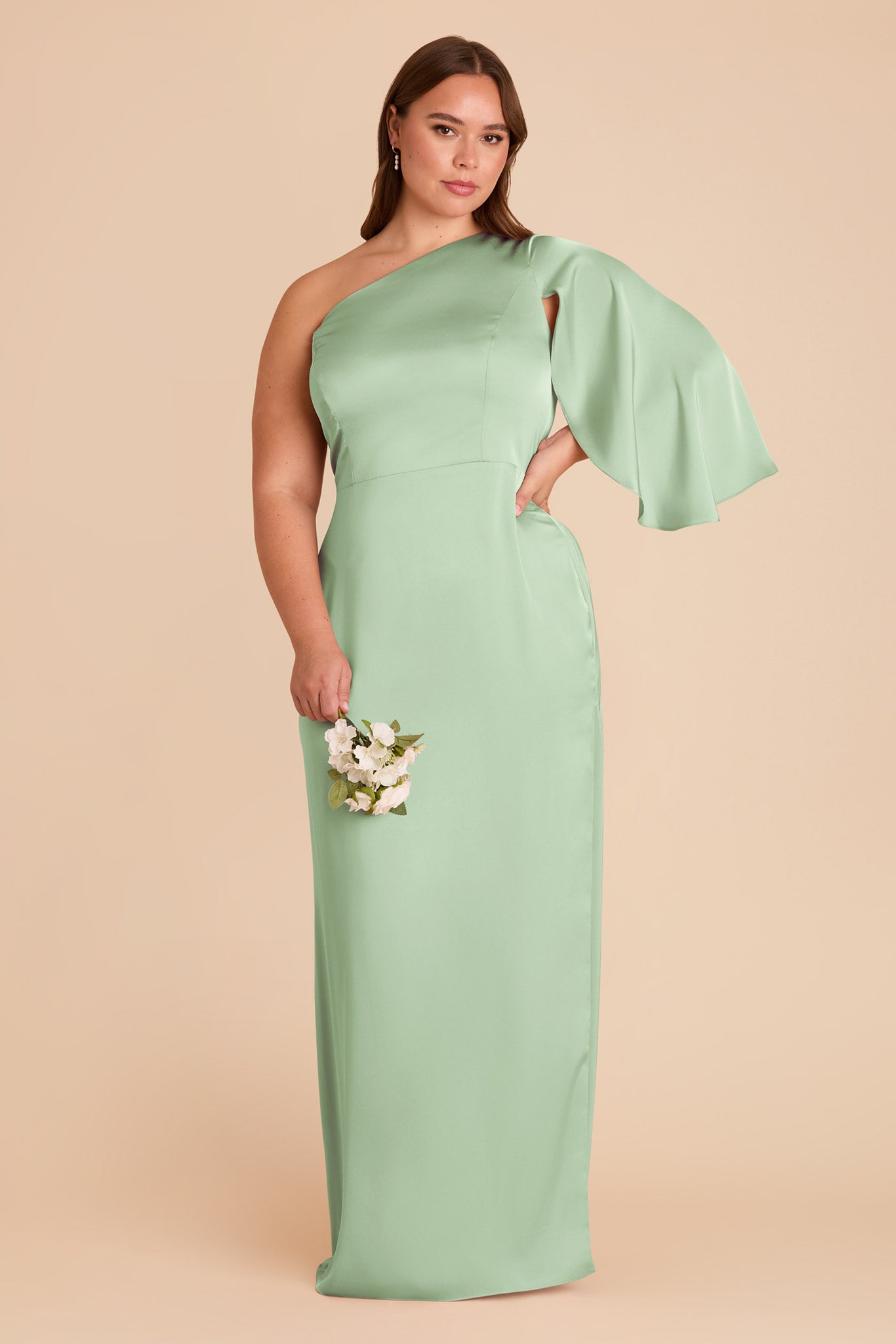 One-Shoulder Satin Dress with Graceful Overlay | Christine Pistachio