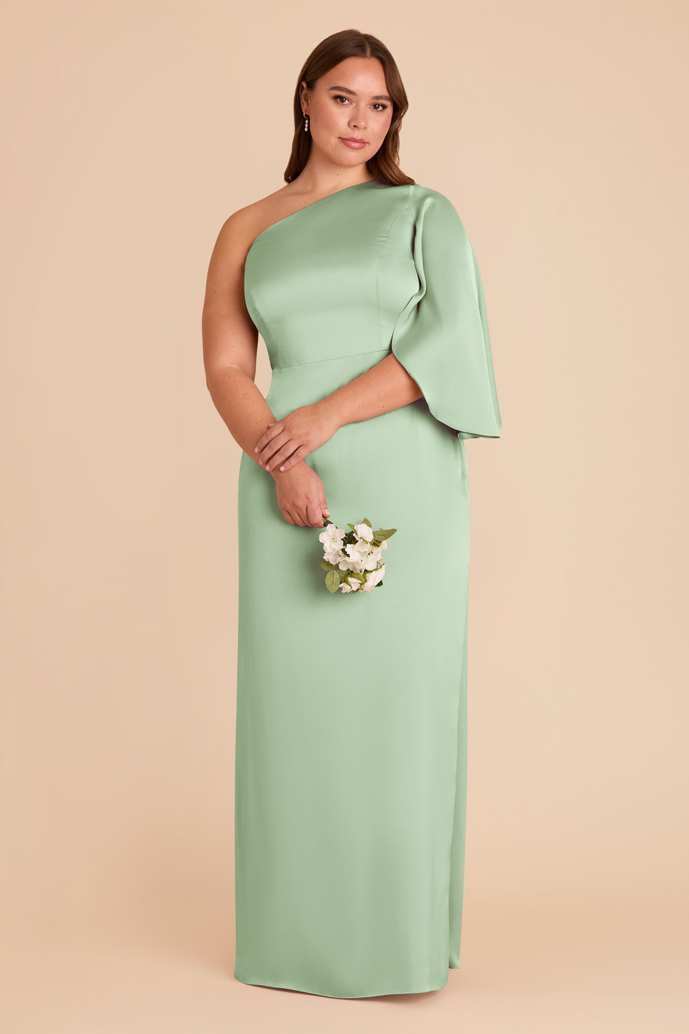 One-Shoulder Satin Dress with Graceful Overlay | Christine Pistachio