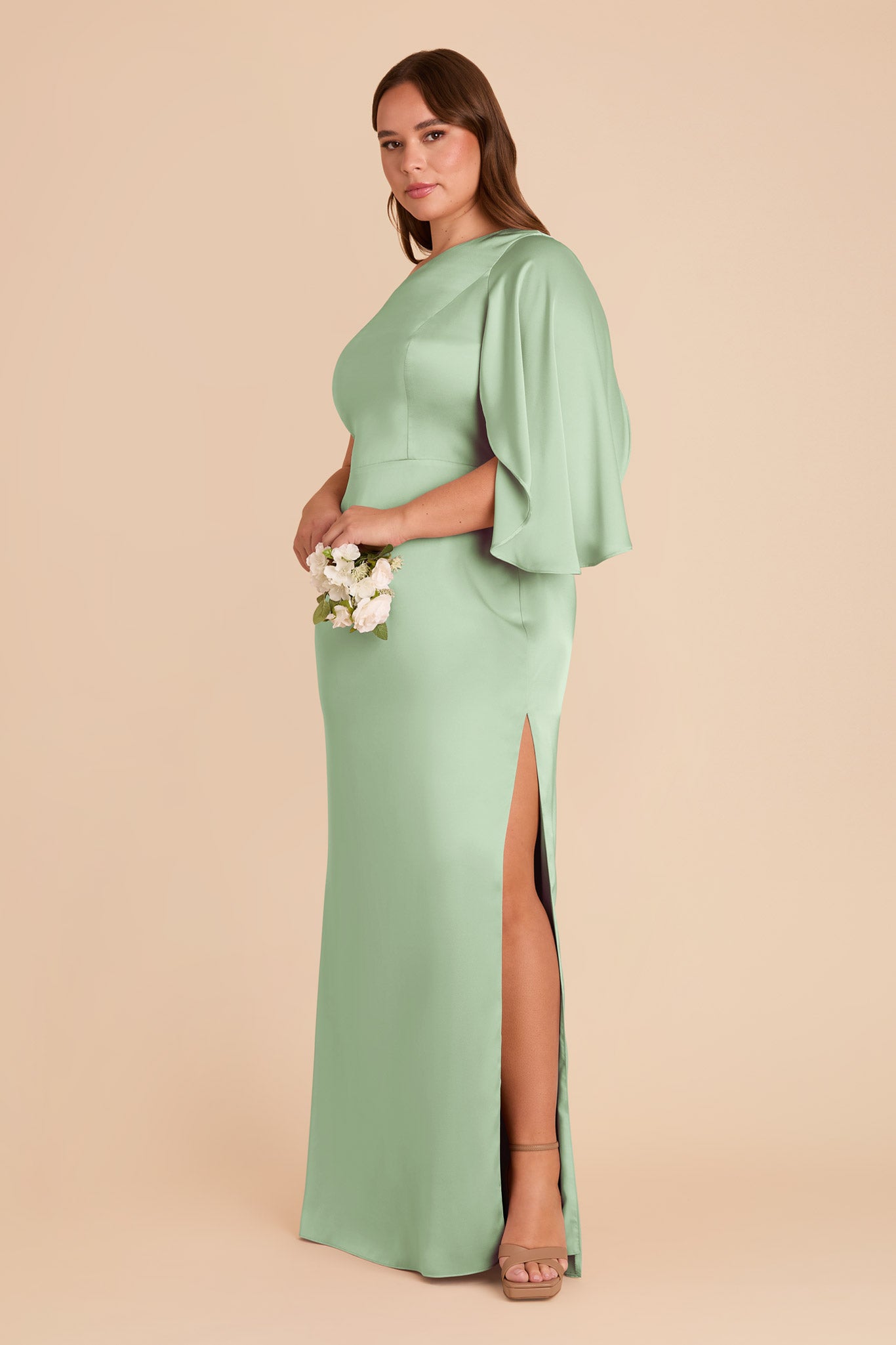 One-Shoulder Satin Dress with Graceful Overlay | Christine Pistachio