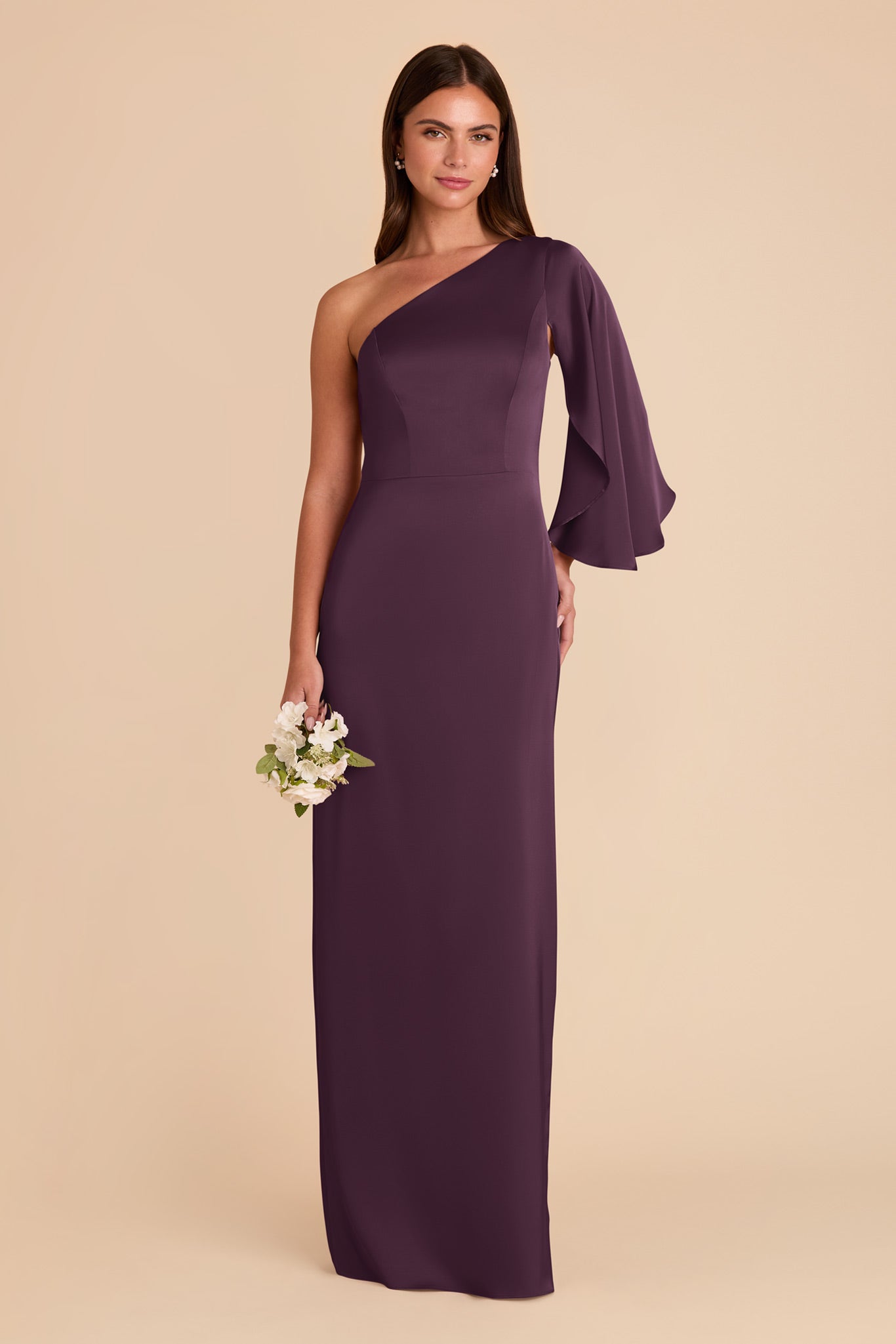 One-Shoulder Plum Satin Dress with Shoulder Overlay | Christine
