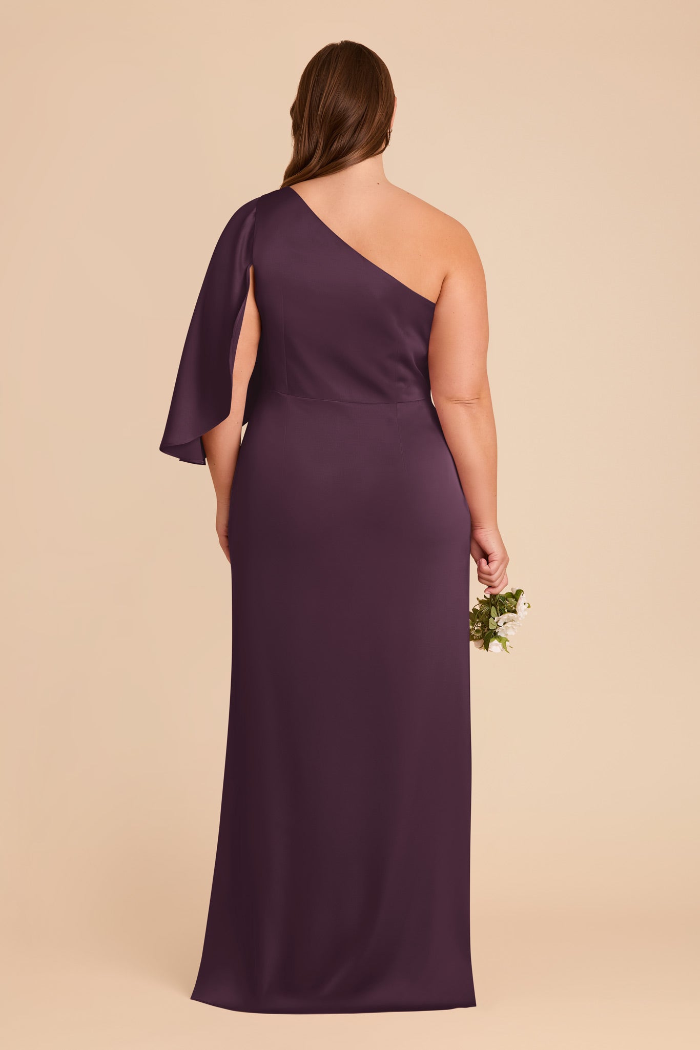 One-Shoulder Plum Satin Dress with Shoulder Overlay | Christine