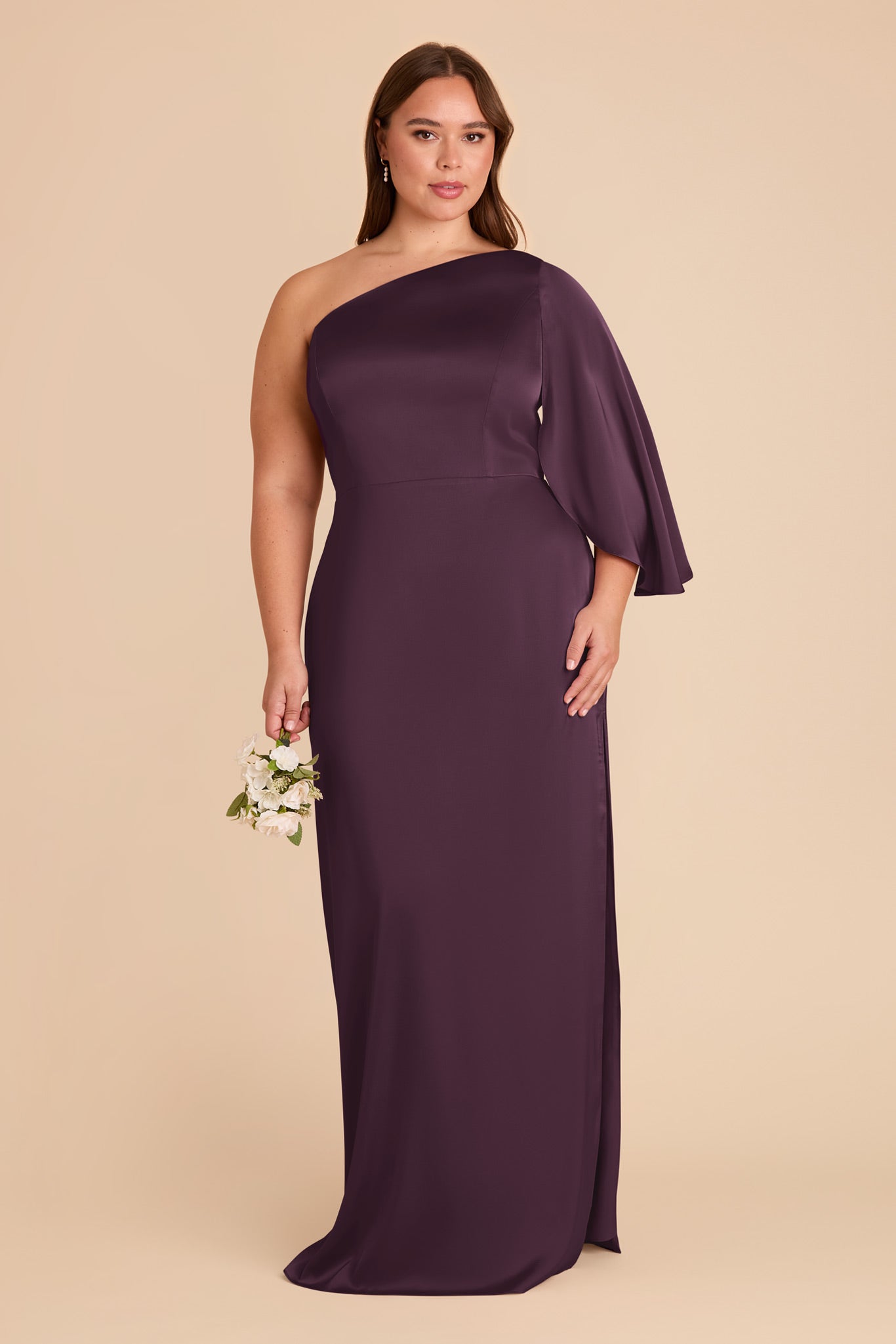 One-Shoulder Plum Satin Dress with Shoulder Overlay | Christine