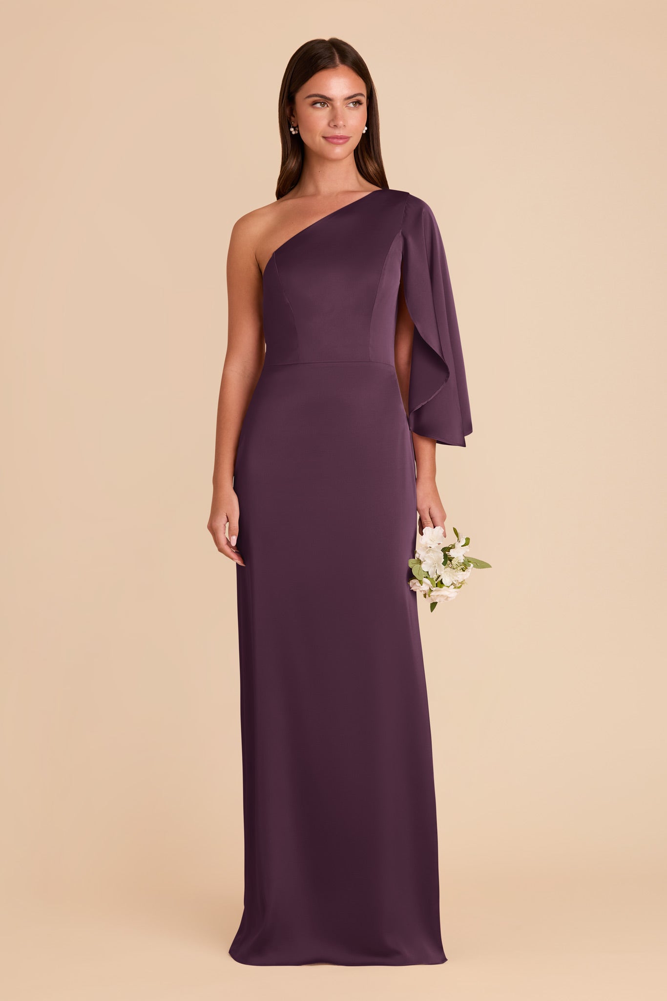 One-Shoulder Plum Satin Dress with Shoulder Overlay | Christine