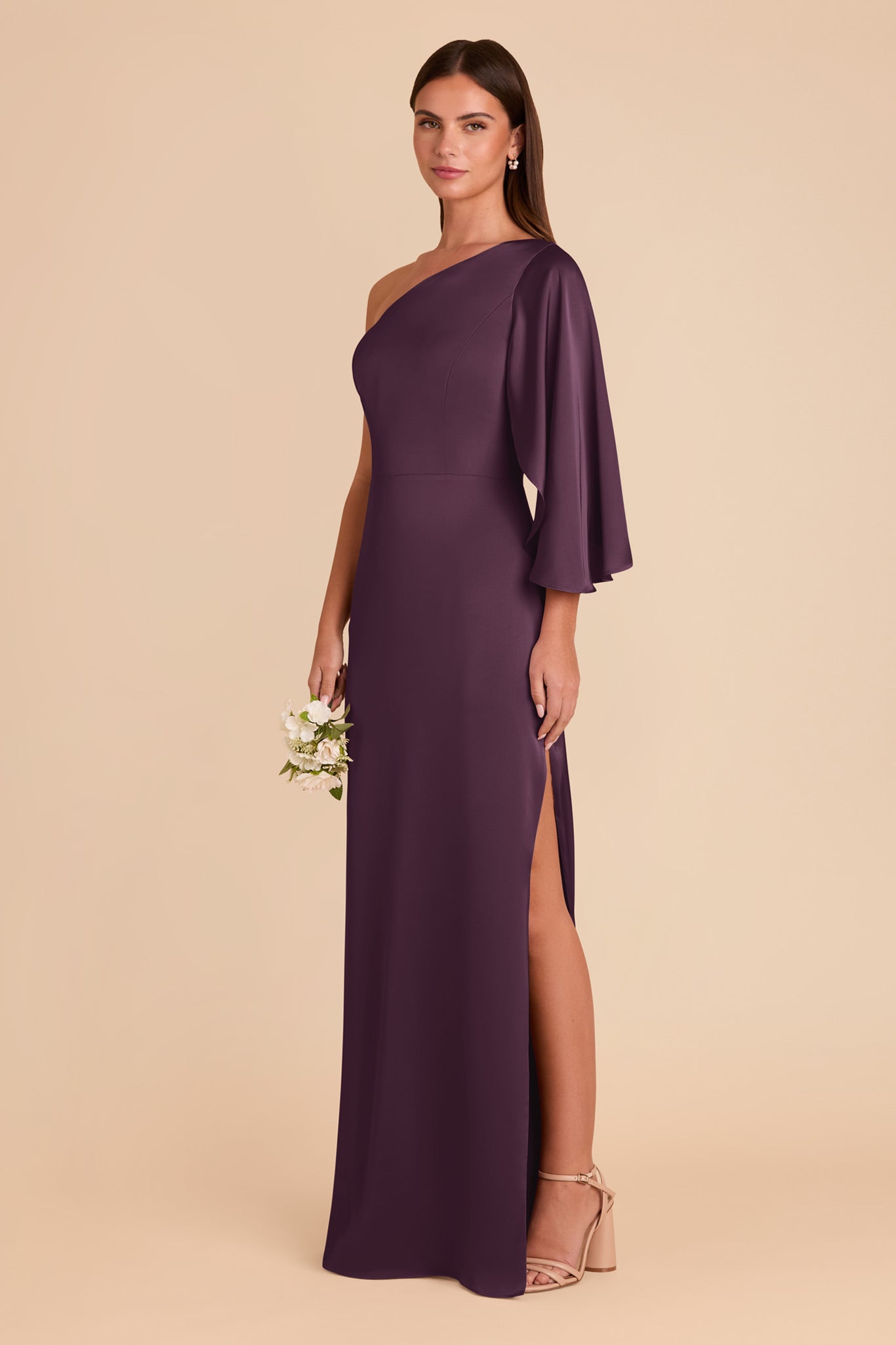 One-Shoulder Plum Satin Dress with Shoulder Overlay | Christine