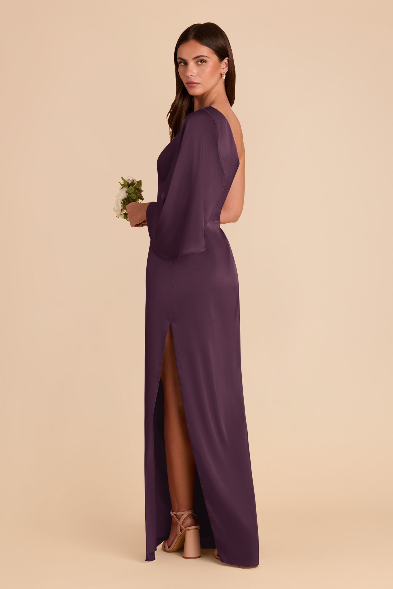 One-Shoulder Plum Satin Dress with Shoulder Overlay | Christine