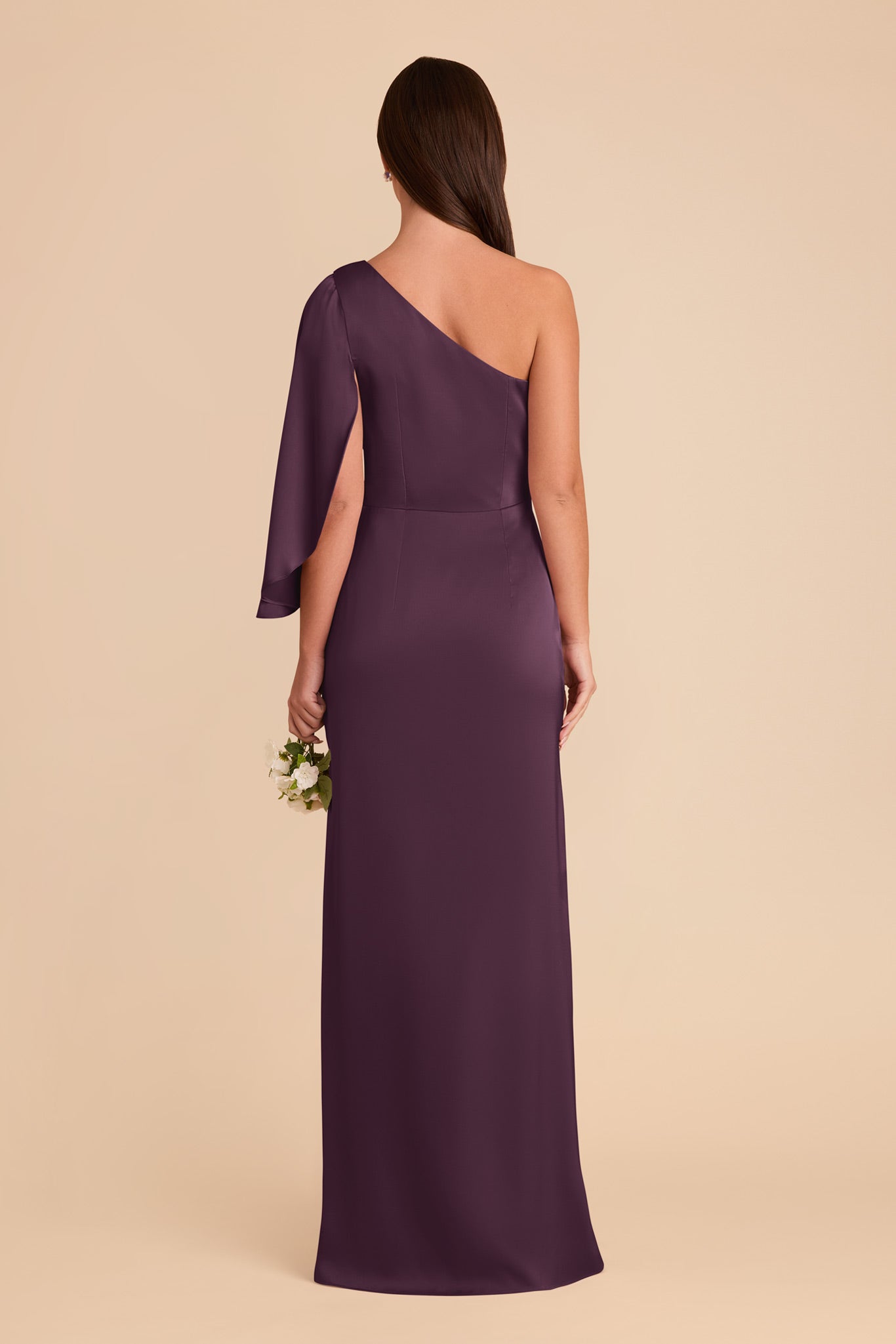 One-Shoulder Plum Satin Dress with Shoulder Overlay | Christine
