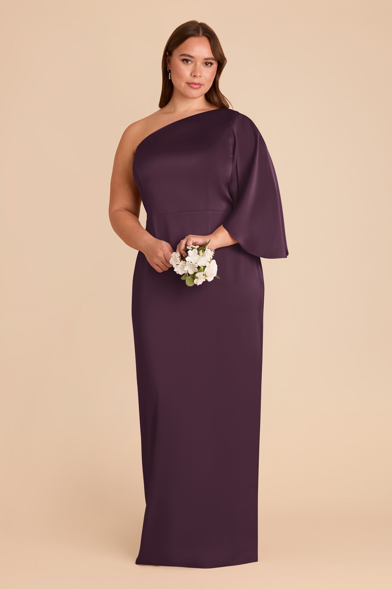 One-Shoulder Plum Satin Dress with Shoulder Overlay | Christine