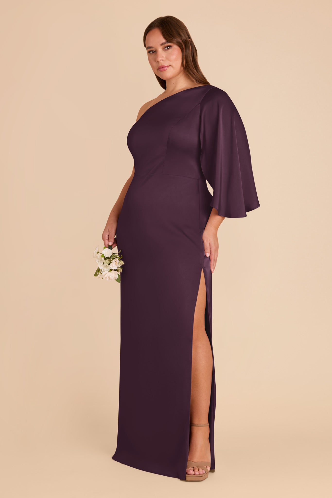 One-Shoulder Plum Satin Dress with Shoulder Overlay | Christine