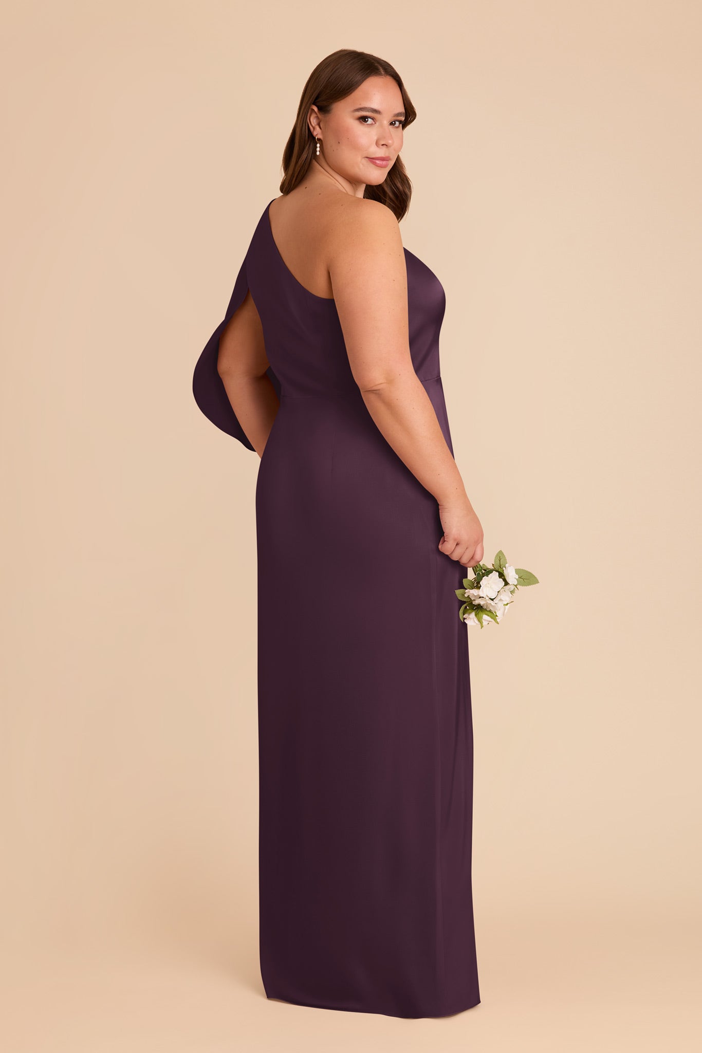 One-Shoulder Plum Satin Dress with Shoulder Overlay | Christine