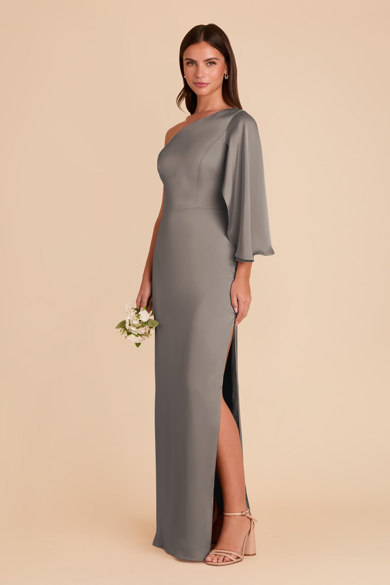 One-Shoulder Satin Gown with Shoulder Overlay | Christine Quartz