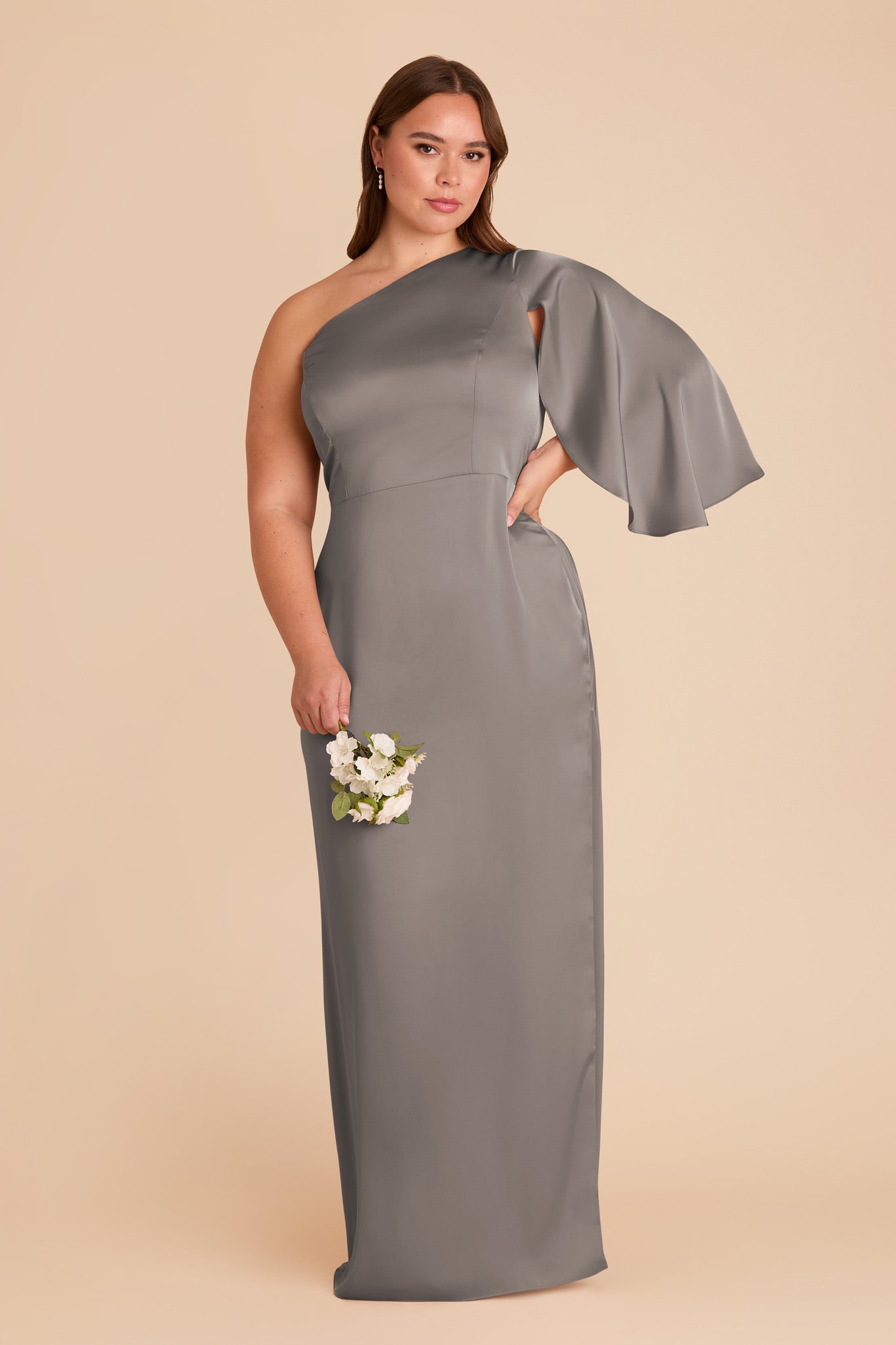 One-Shoulder Satin Gown with Shoulder Overlay | Christine Quartz