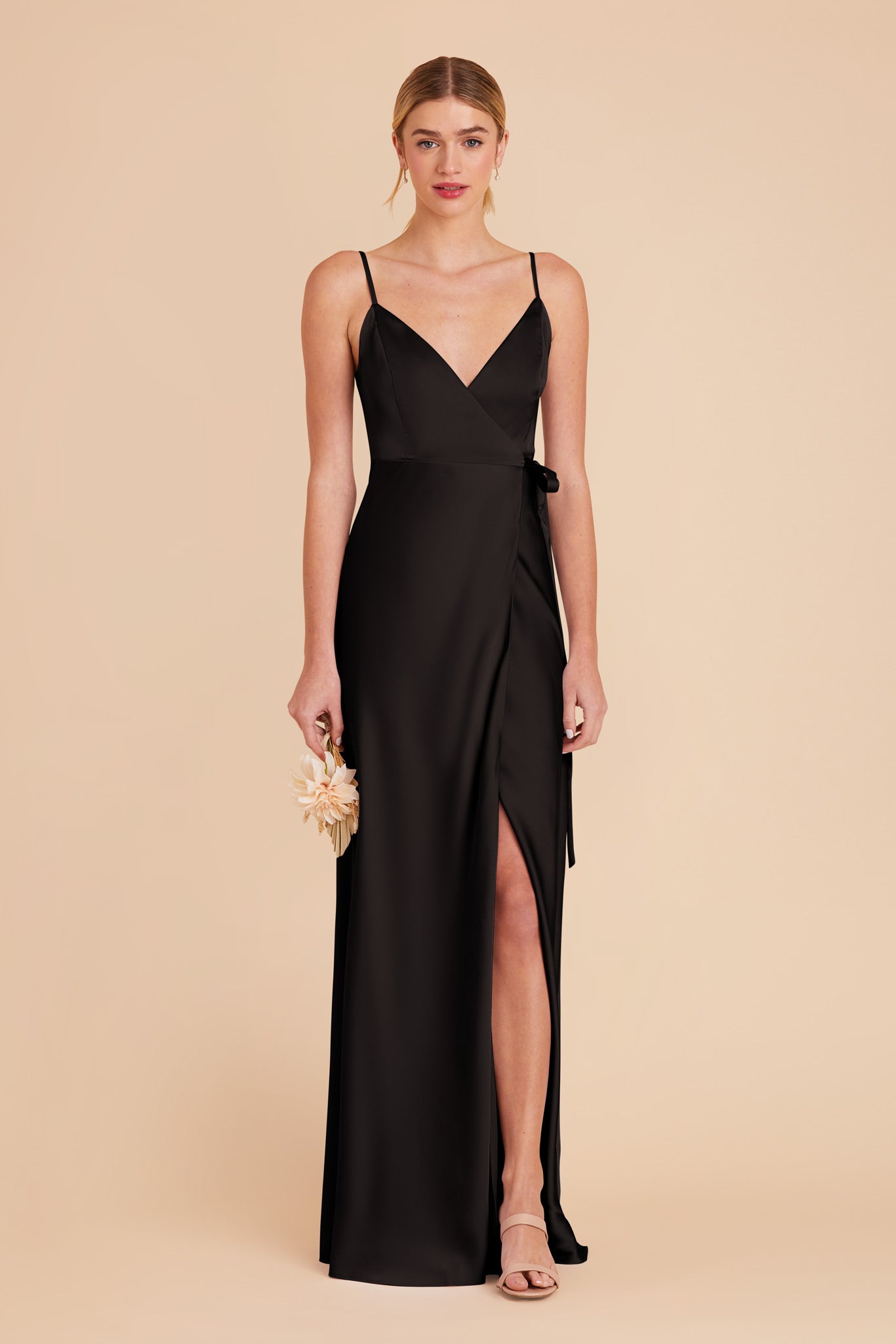 Sexy Black Wrap Dress with Deep V-Neck & High Slit | Cindy Matte Satin