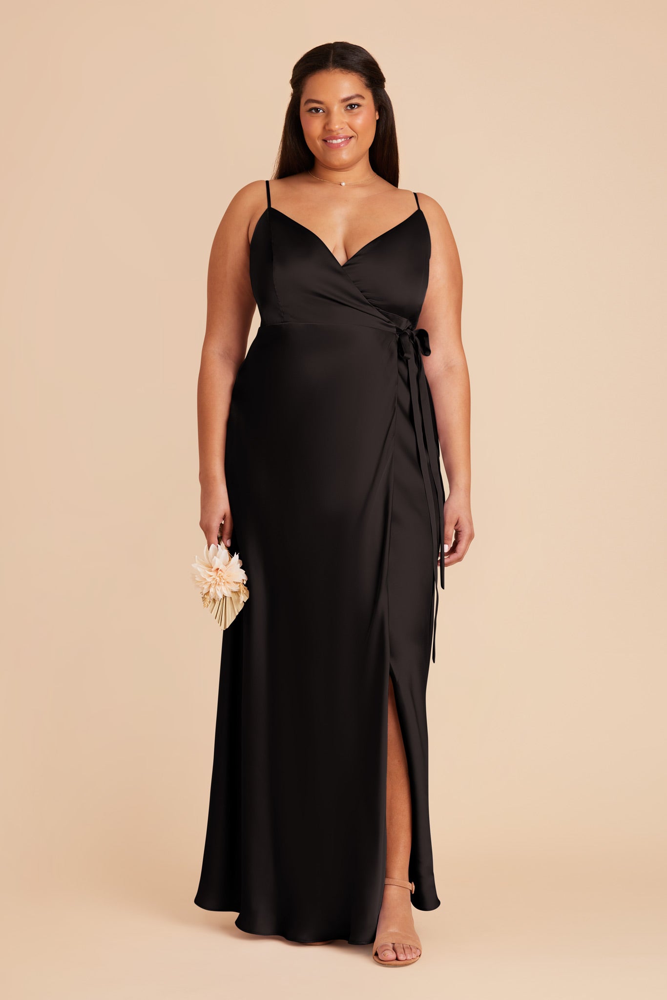 Sexy Black Wrap Dress with Deep V-Neck & High Slit | Cindy Matte Satin