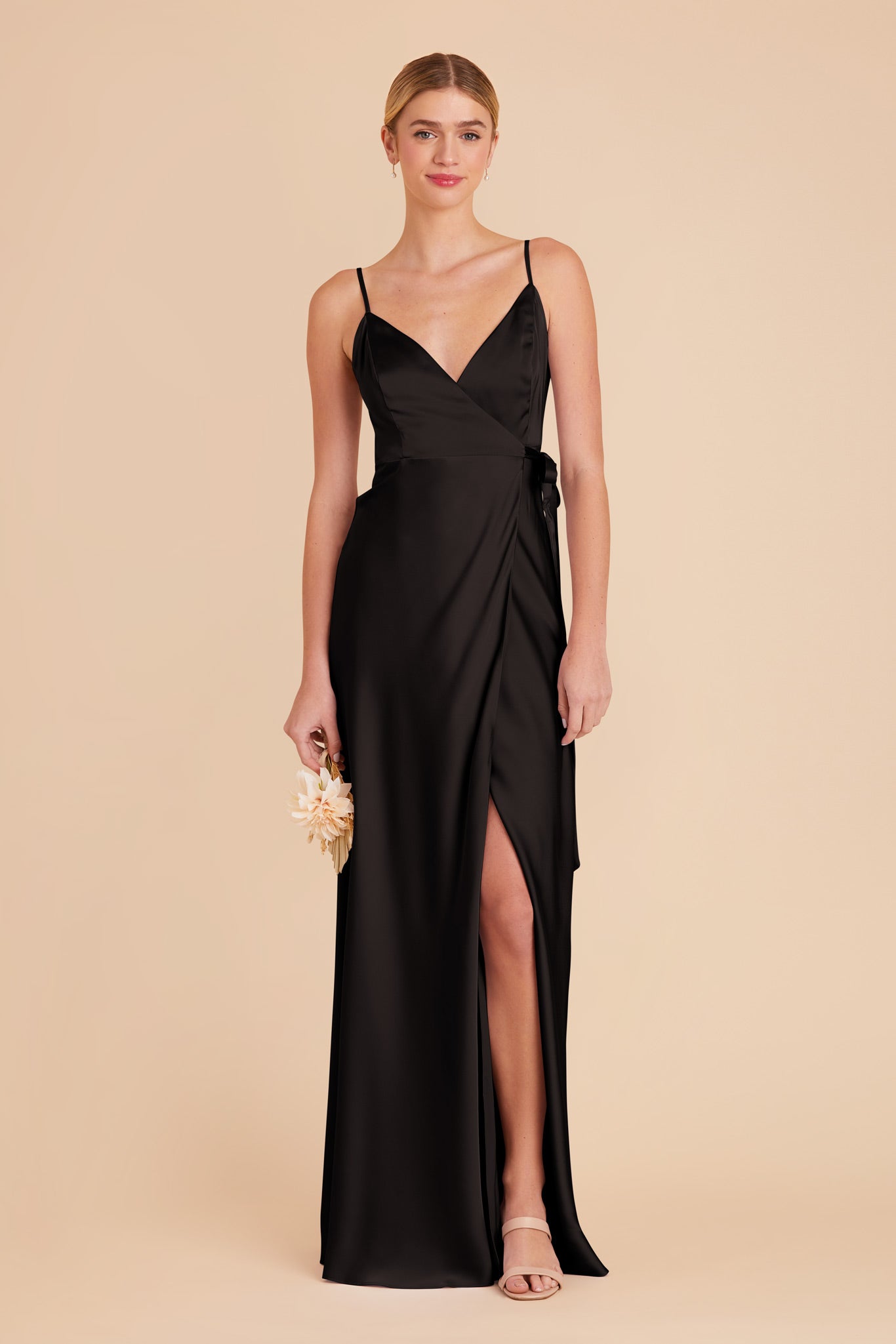 Sexy Black Wrap Dress with Deep V-Neck & High Slit | Cindy Matte Satin
