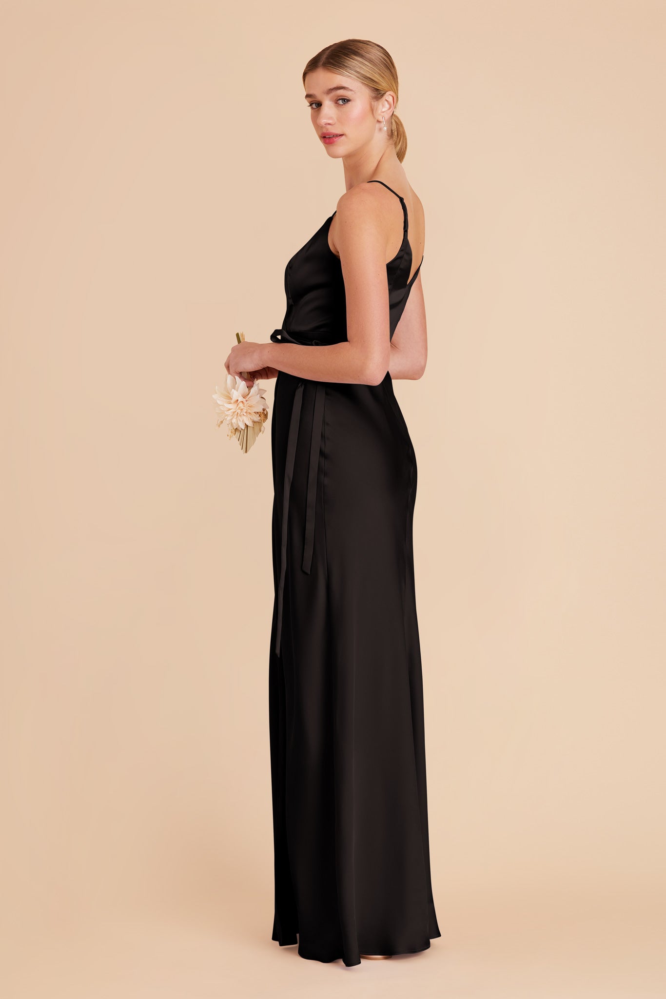 Sexy Black Wrap Dress with Deep V-Neck & High Slit | Cindy Matte Satin