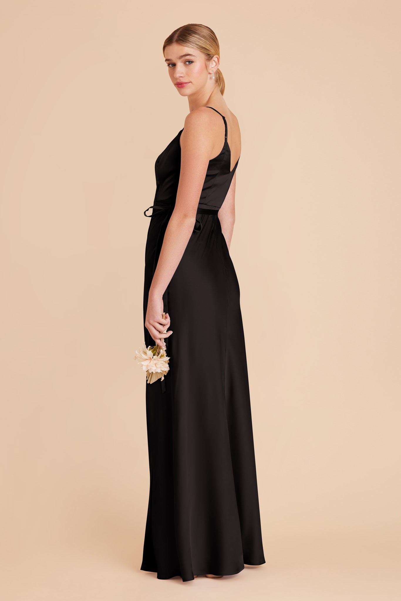 Sexy Black Wrap Dress with Deep V-Neck & High Slit | Cindy Matte Satin