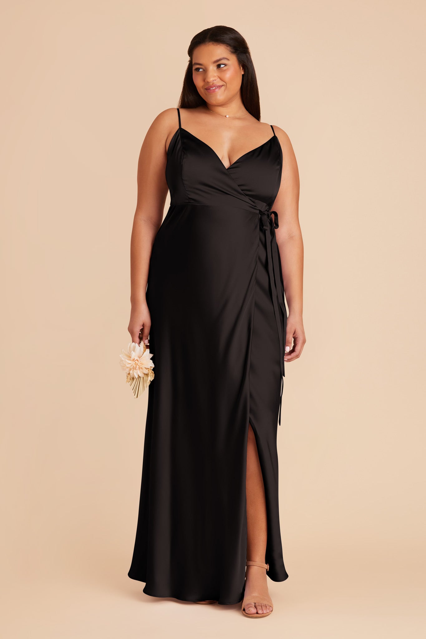 Sexy Black Wrap Dress with Deep V-Neck & High Slit | Cindy Matte Satin