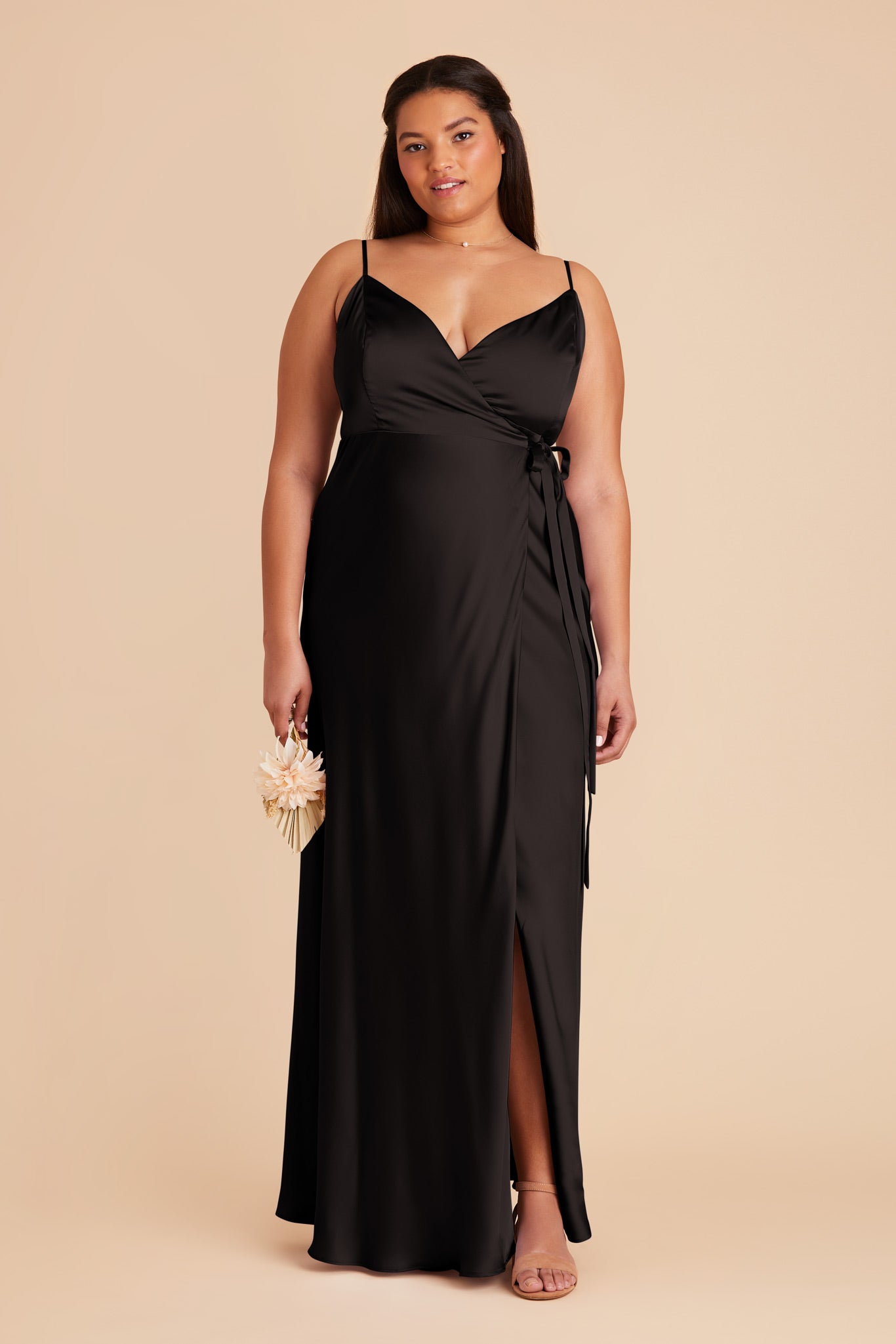 Sexy Black Wrap Dress with Deep V-Neck & High Slit | Cindy Matte Satin