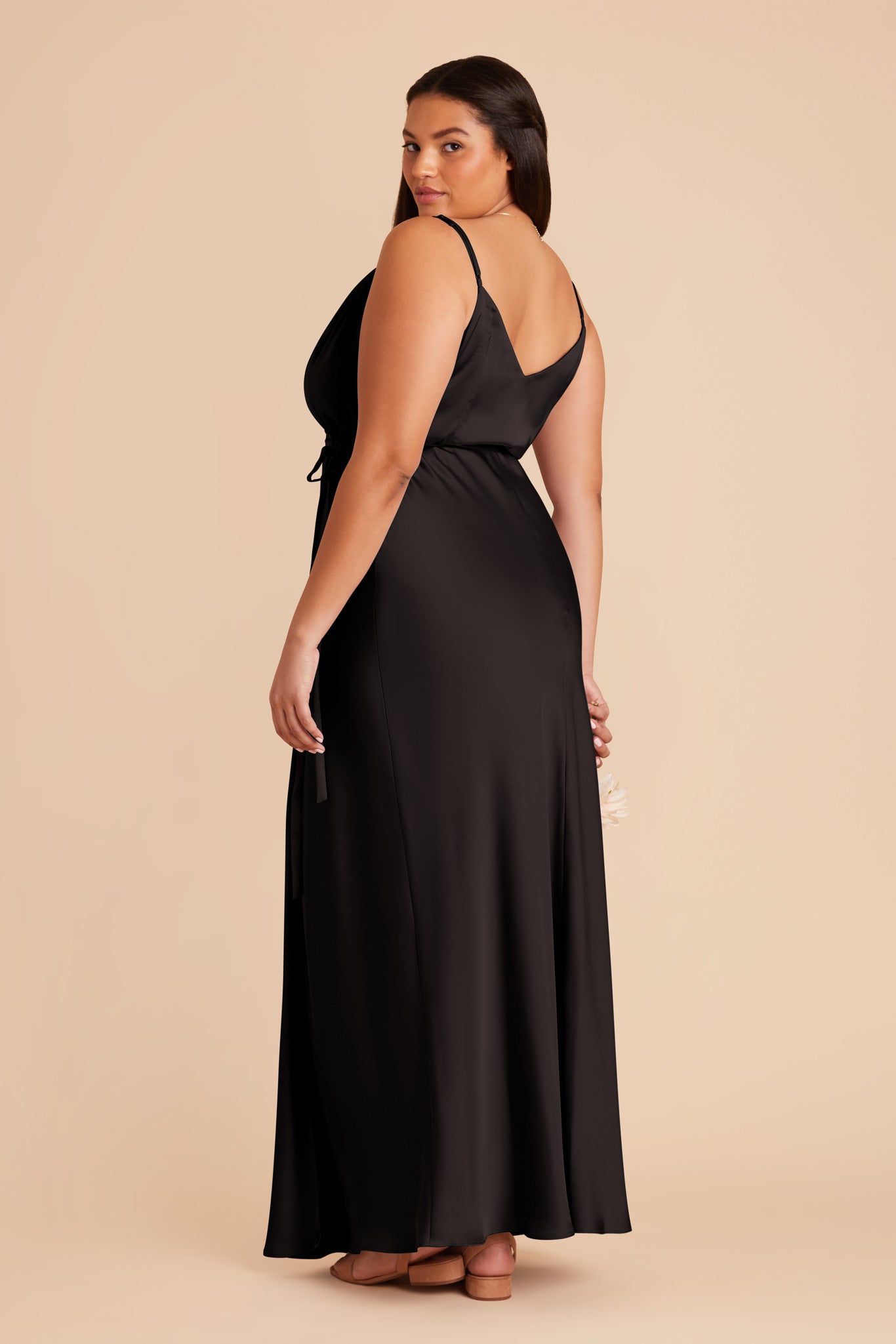 Sexy Black Wrap Dress with Deep V-Neck & High Slit | Cindy Matte Satin