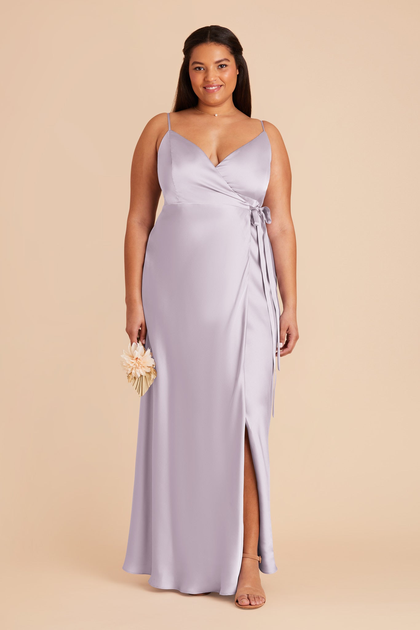 Sexy Wrap Dress with Deep V-Neck & High Slit | Cindy Matte Satin - Dusty Lilac