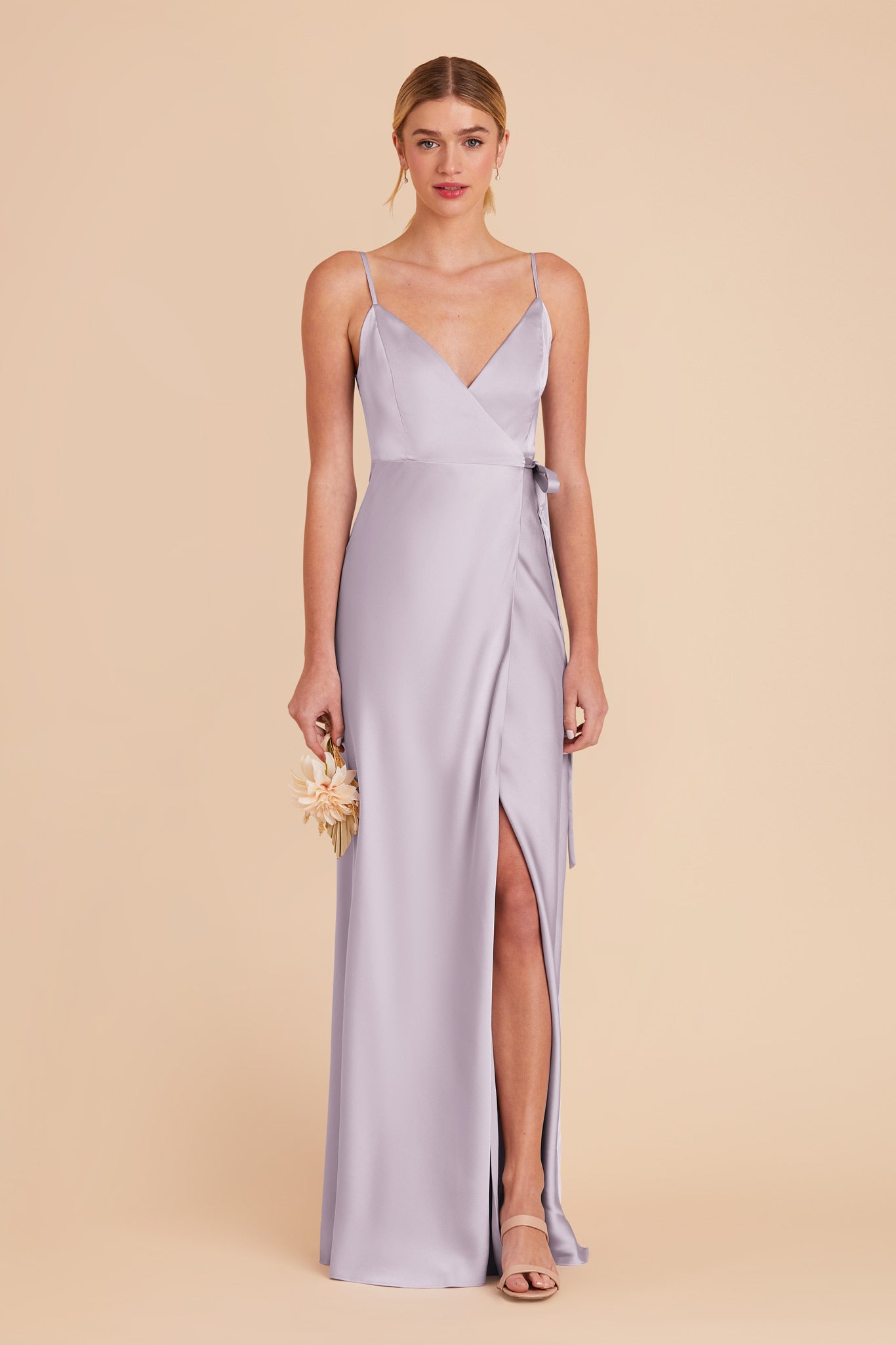 Sexy Wrap Dress with Deep V-Neck & High Slit | Cindy Matte Satin - Dusty Lilac