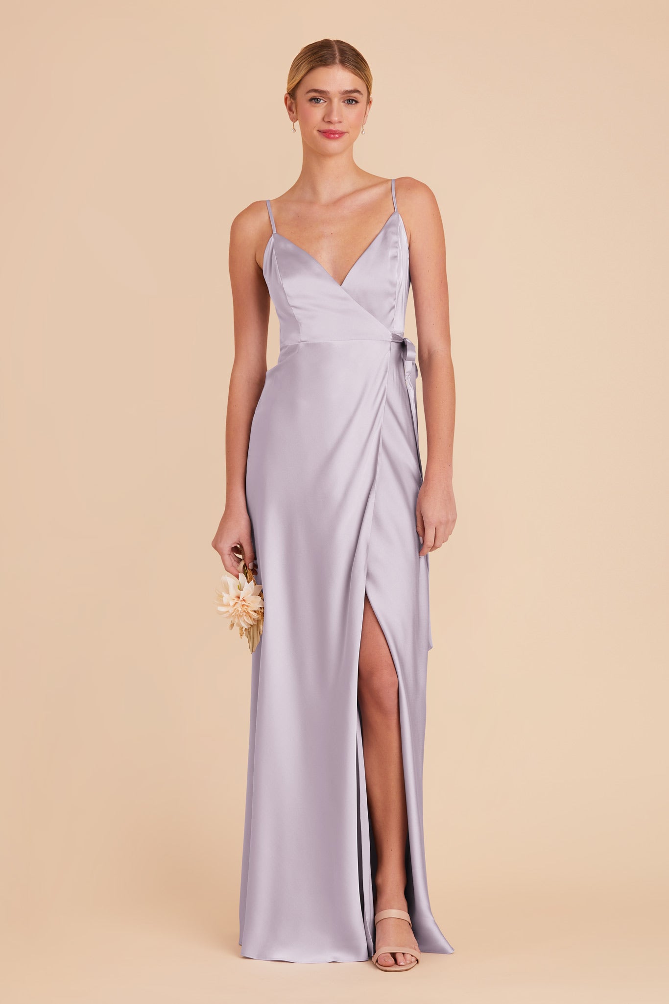 Sexy Wrap Dress with Deep V-Neck & High Slit | Cindy Matte Satin - Dusty Lilac