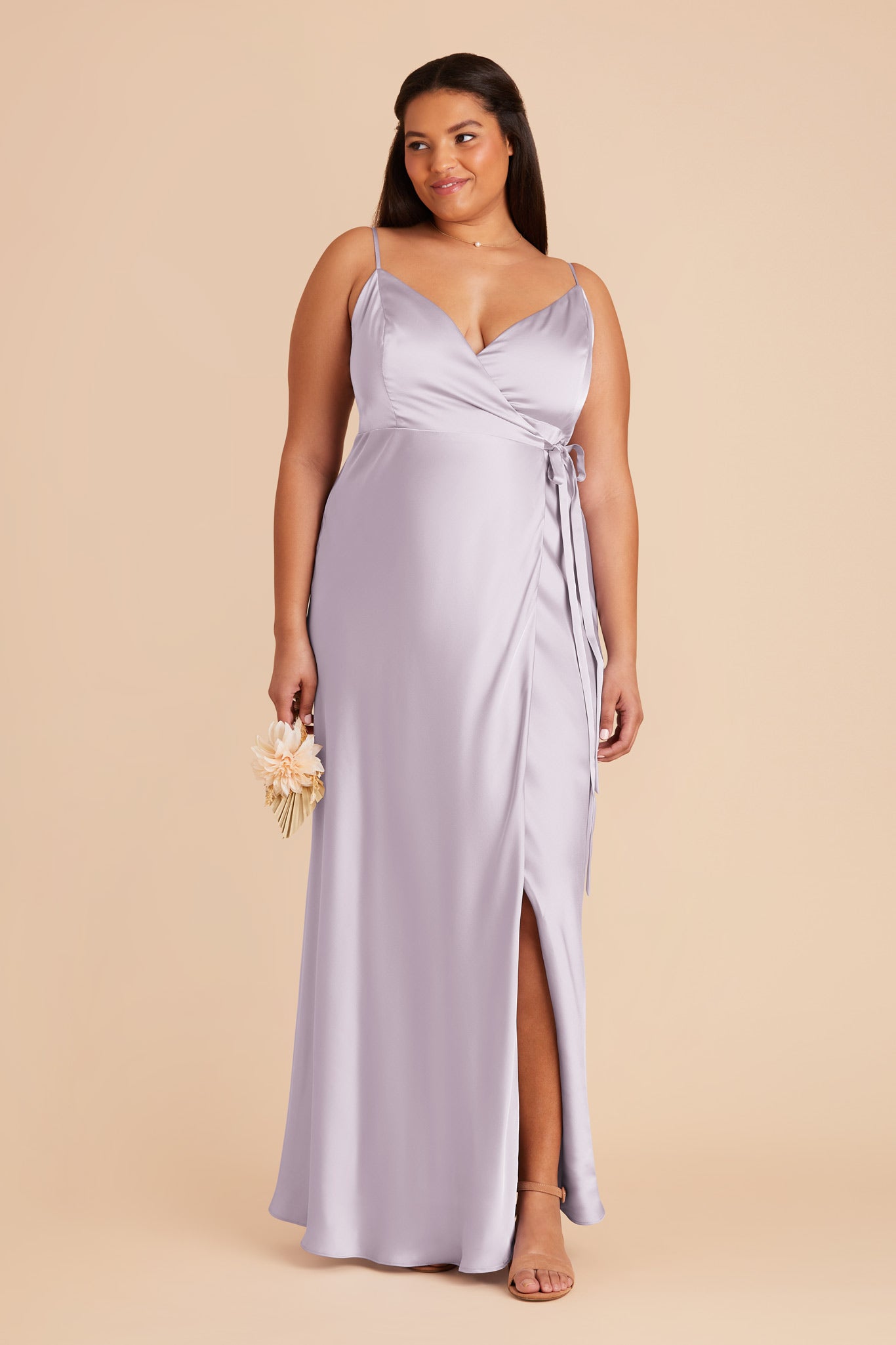 Sexy Wrap Dress with Deep V-Neck & High Slit | Cindy Matte Satin - Dusty Lilac