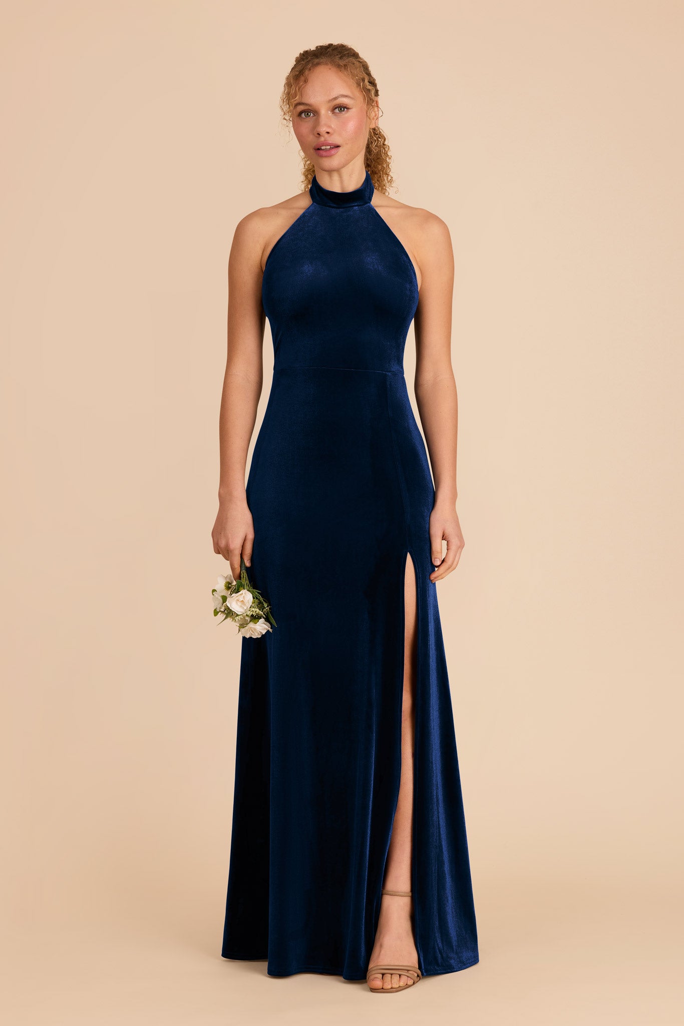 Velvet Turtleneck Halter Dress in Navy | Daphne