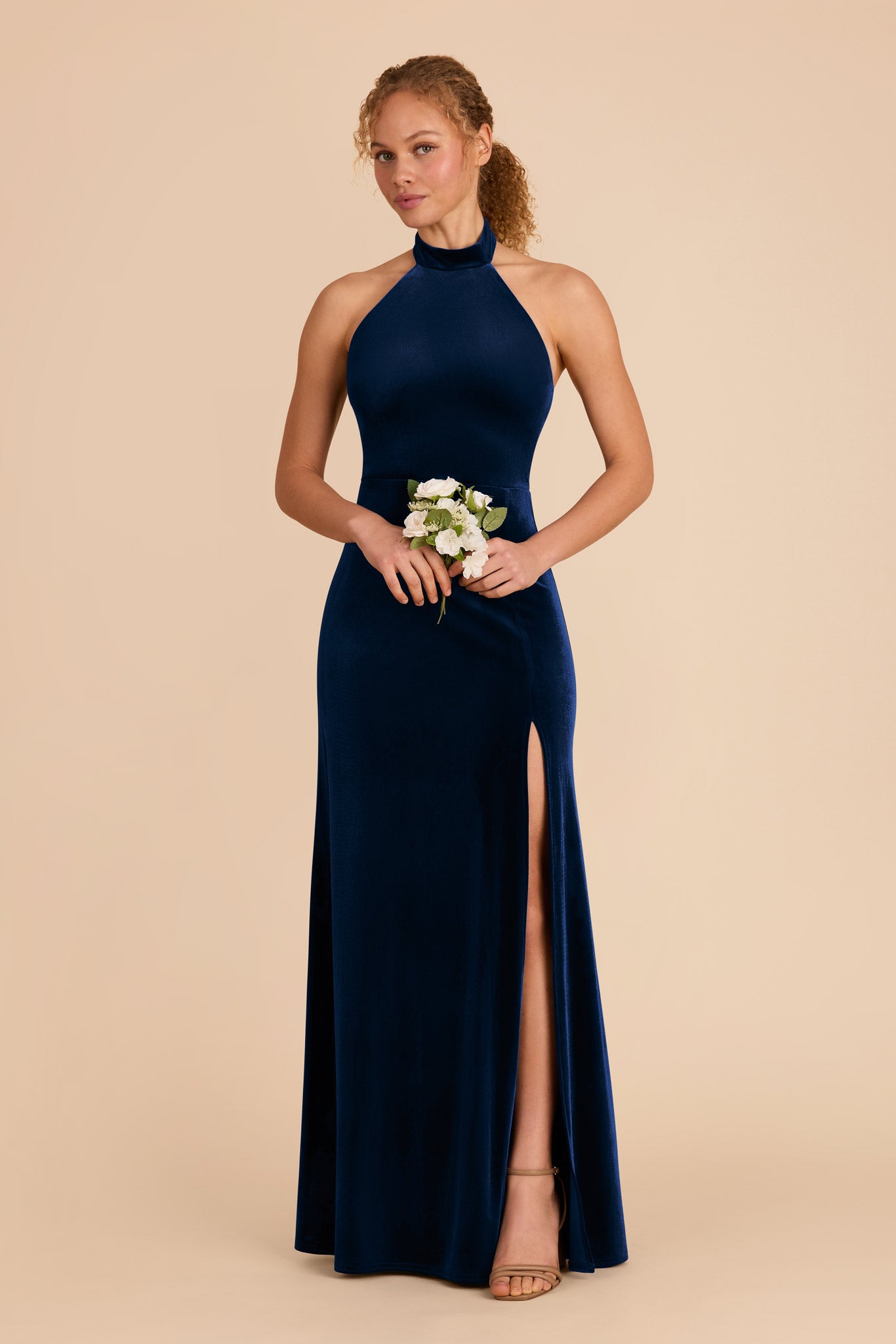 Velvet Turtleneck Halter Dress in Navy | Daphne