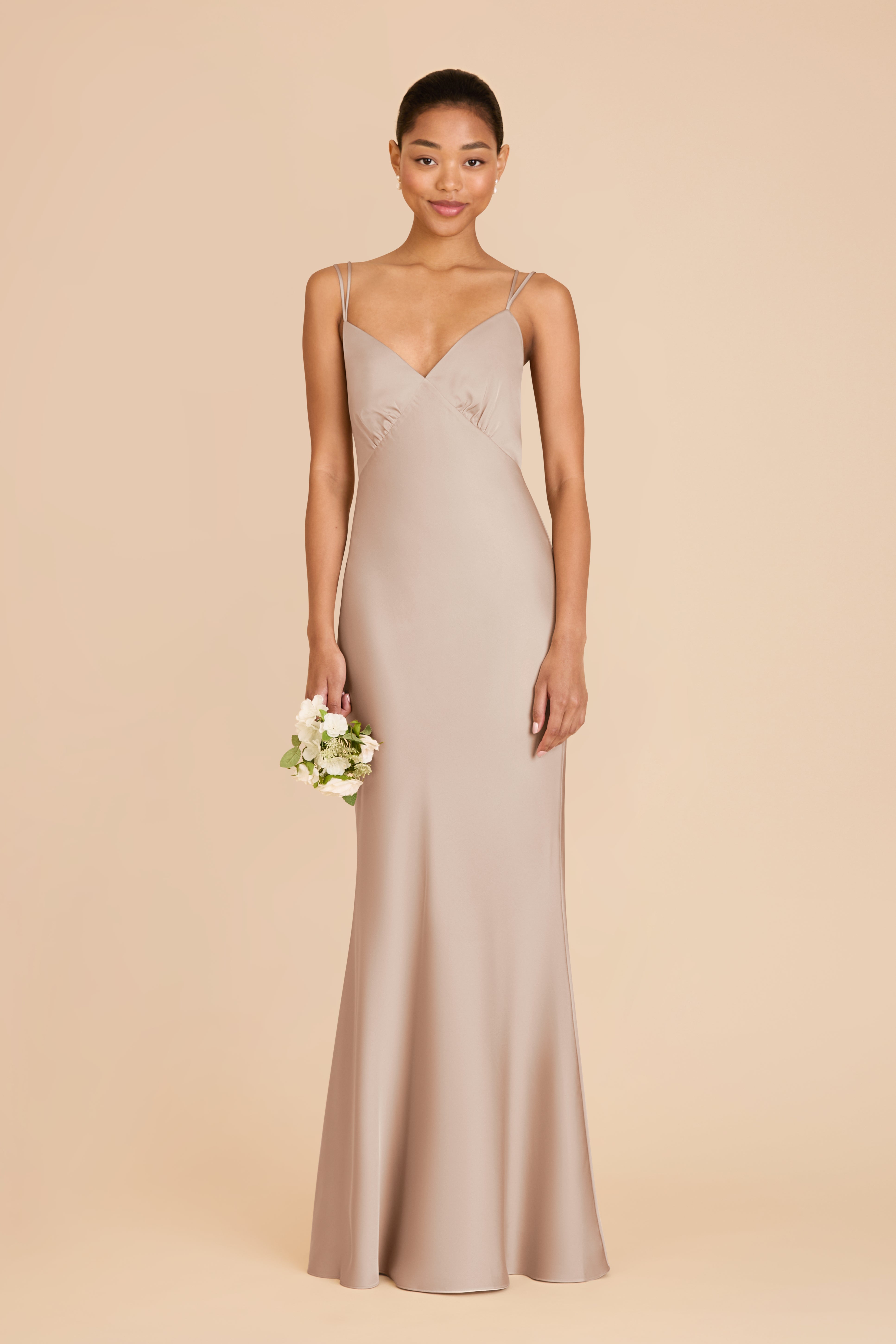 Matte Satin V-Neck Slip Dress with Strappy Back | Dasha Taupe