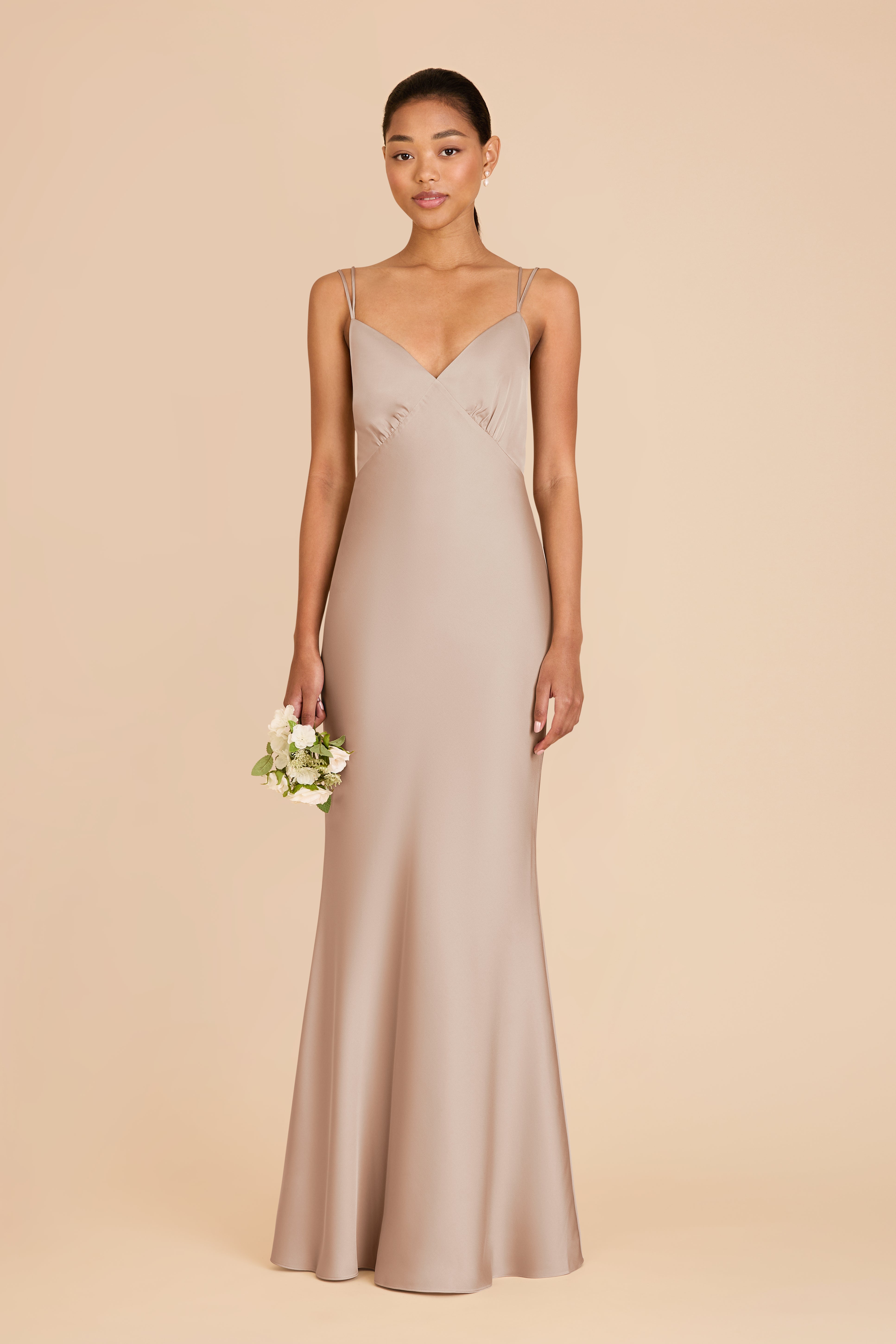 Matte Satin V-Neck Slip Dress with Strappy Back | Dasha Taupe