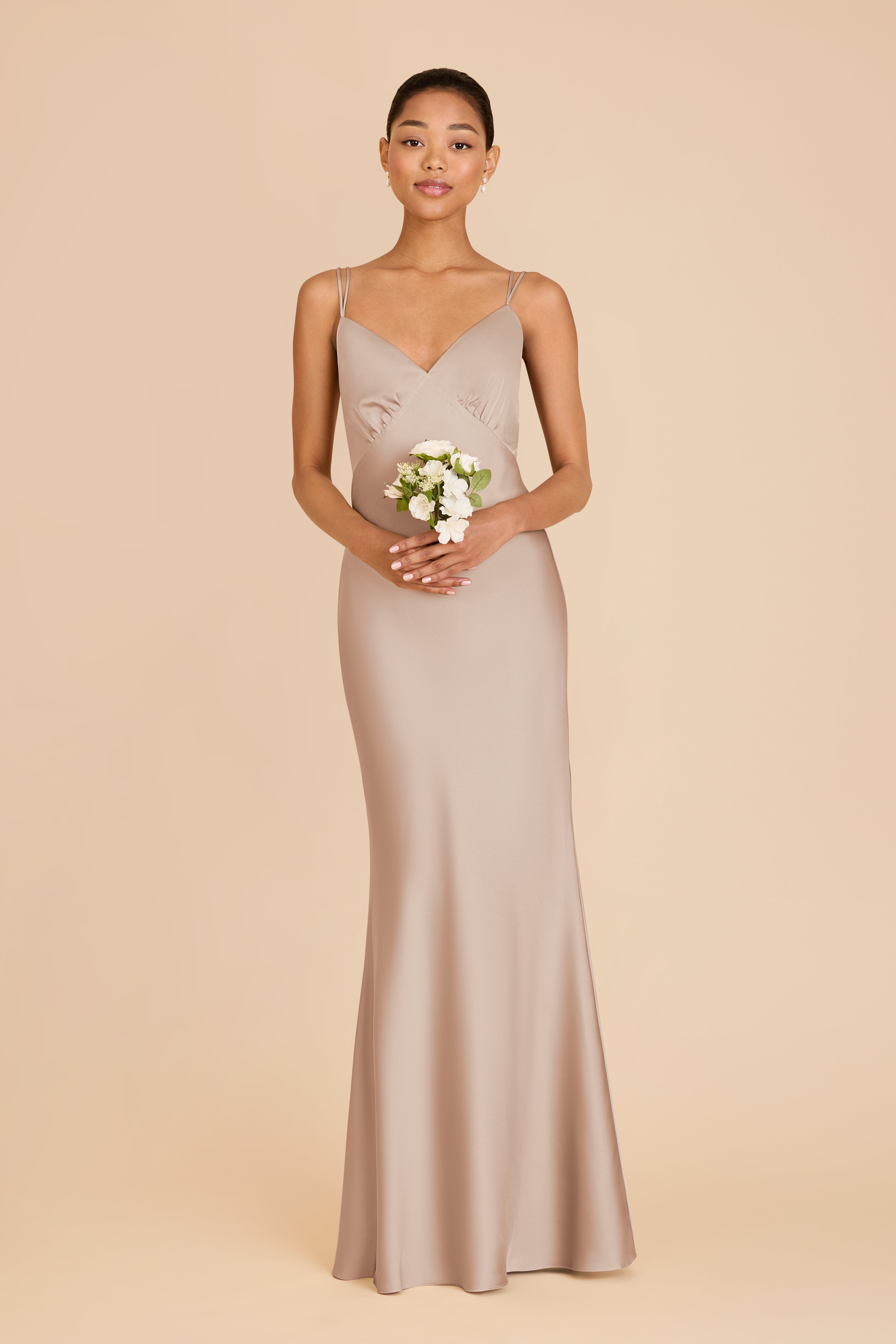 Matte Satin V-Neck Slip Dress with Strappy Back | Dasha Taupe