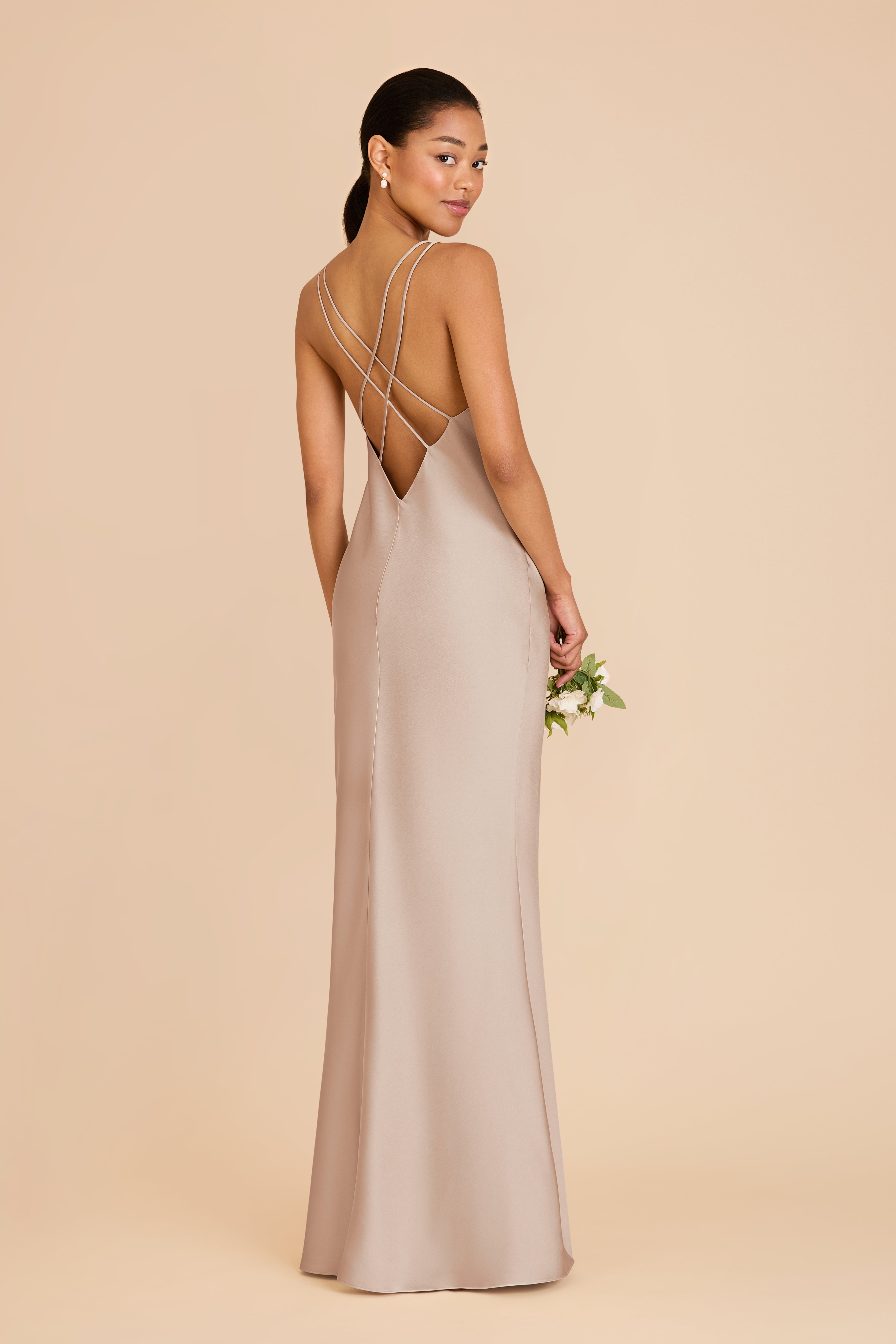 Matte Satin V-Neck Slip Dress with Strappy Back | Dasha Taupe