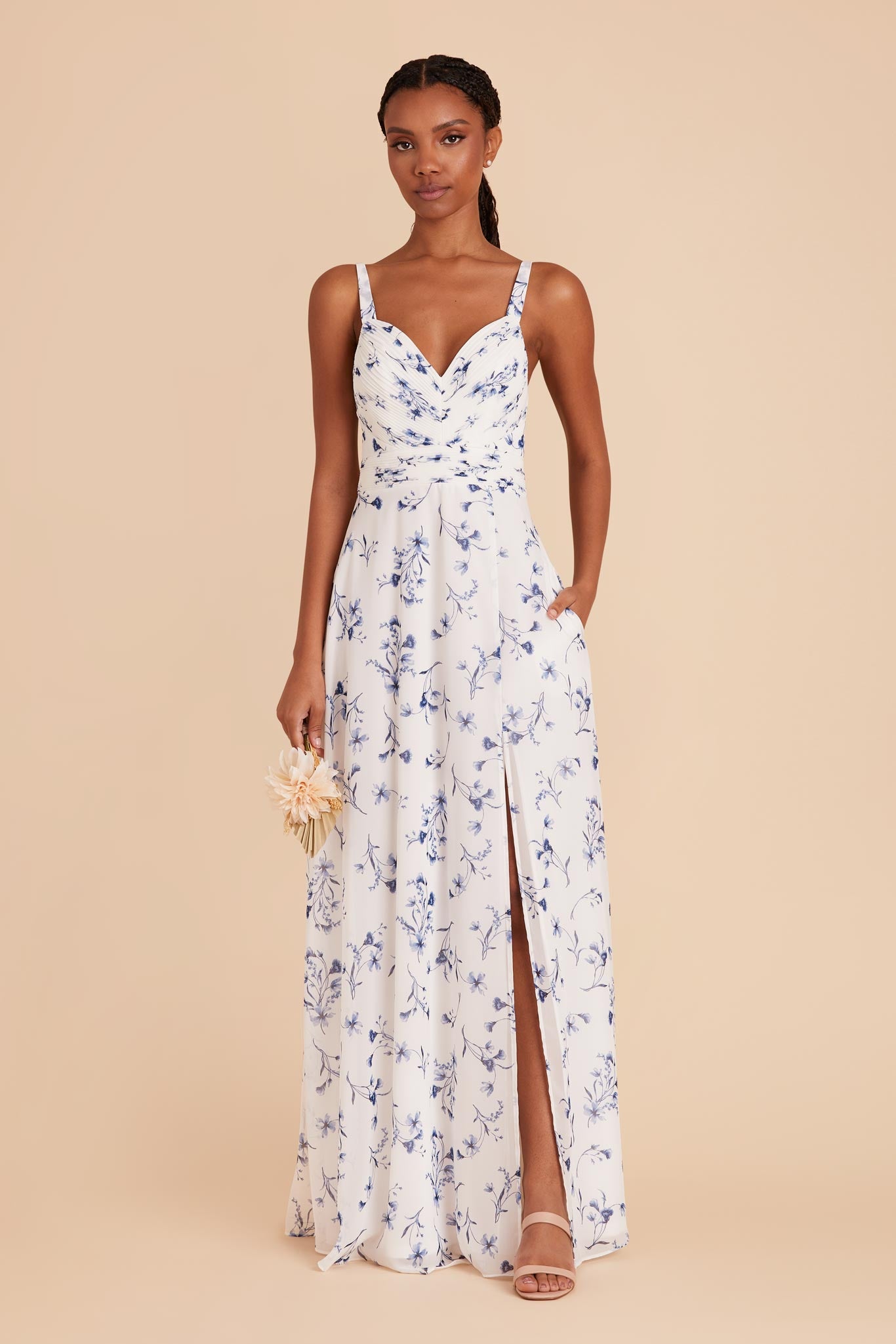 Blue Chiffon A-Line Dress with V-Neck & Slit | Deborah Le Fleur