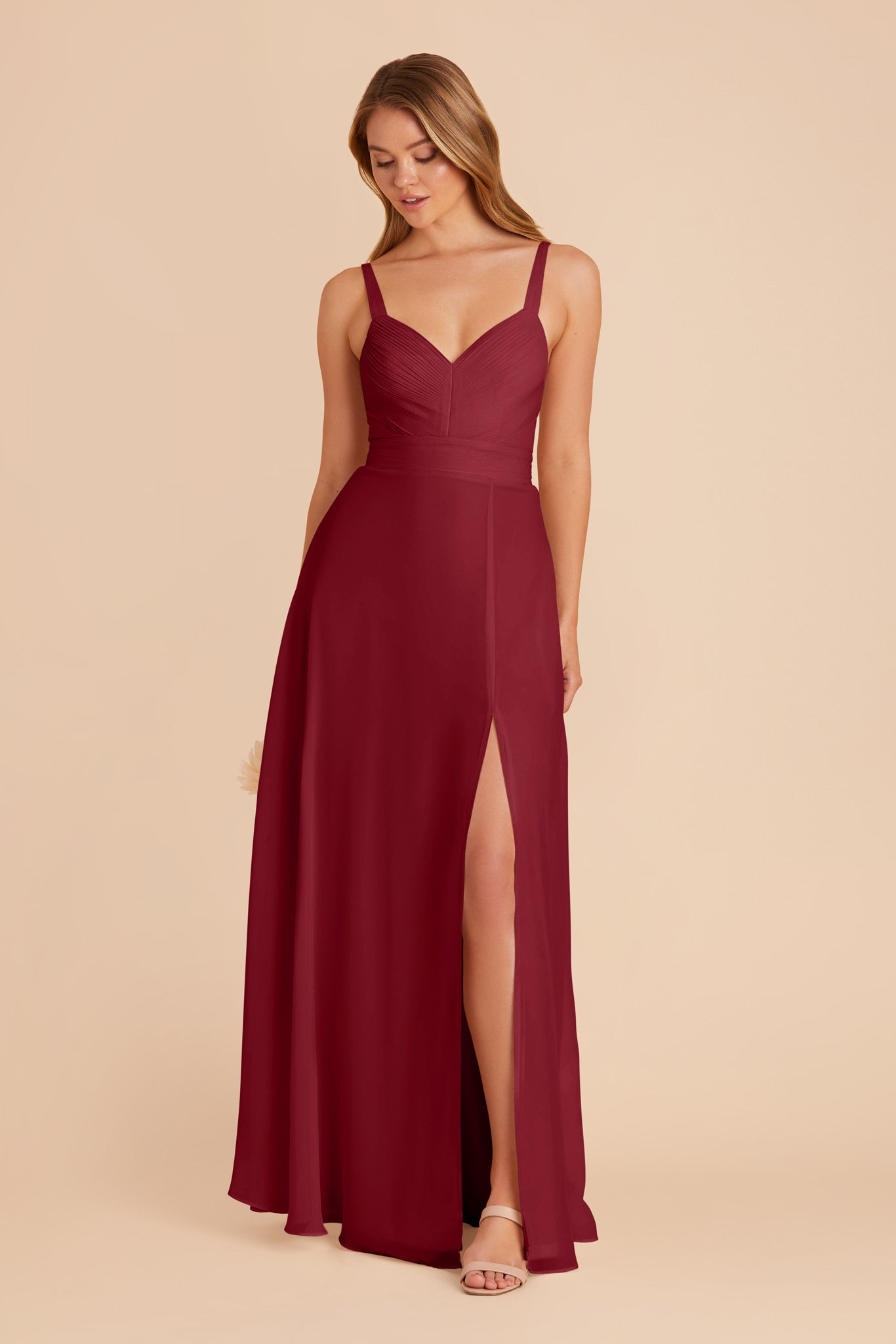 Burgundy Chiffon A-Line Dress with V-Neck & Slit | Deborah