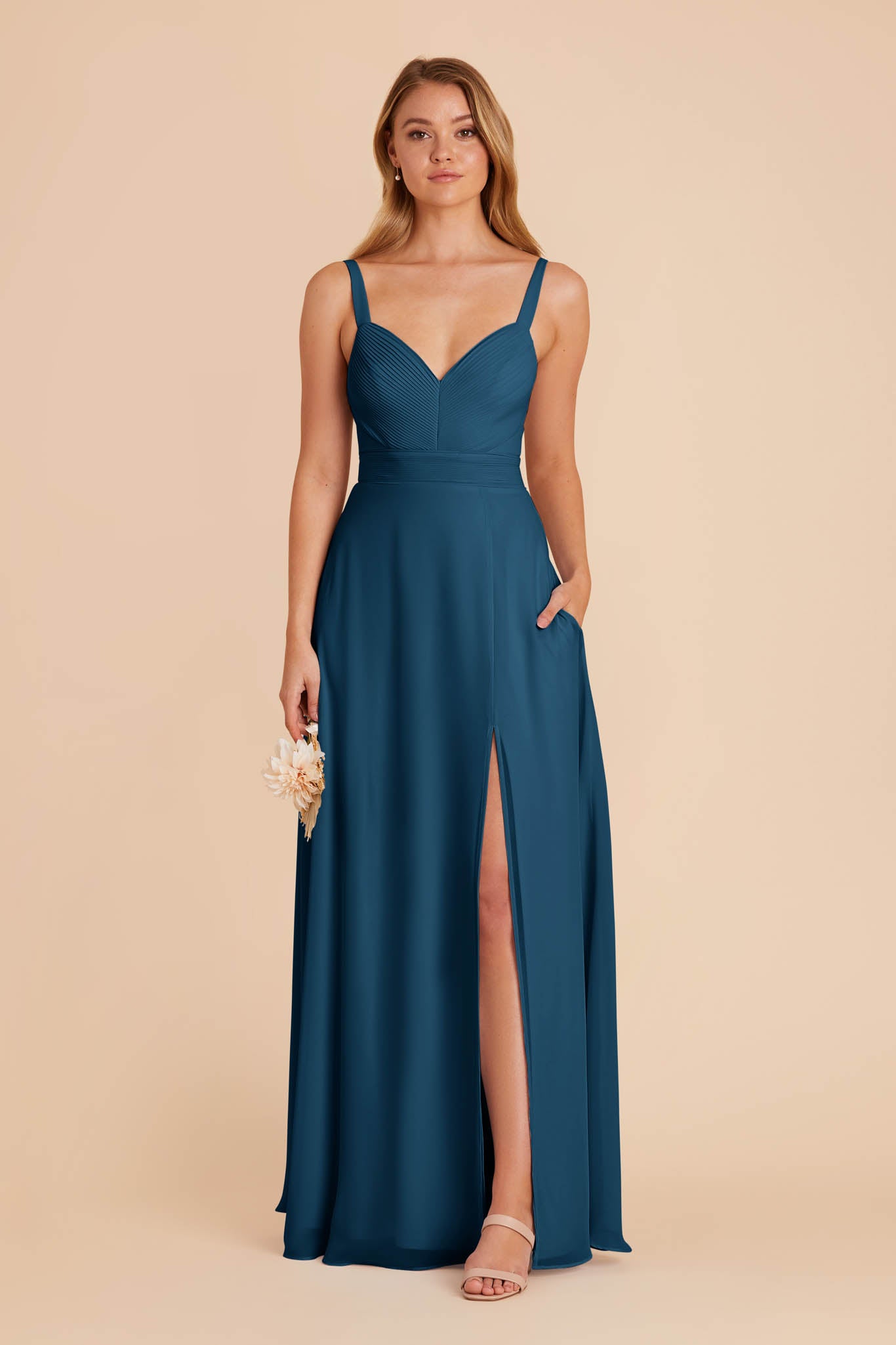 Chiffon A-Line Dress with V-Neck & Slit | Deborah Dark Teal