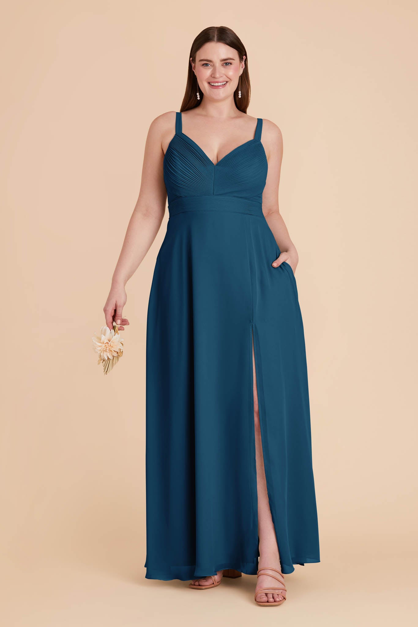 Chiffon A-Line Dress with V-Neck & Slit | Deborah Dark Teal