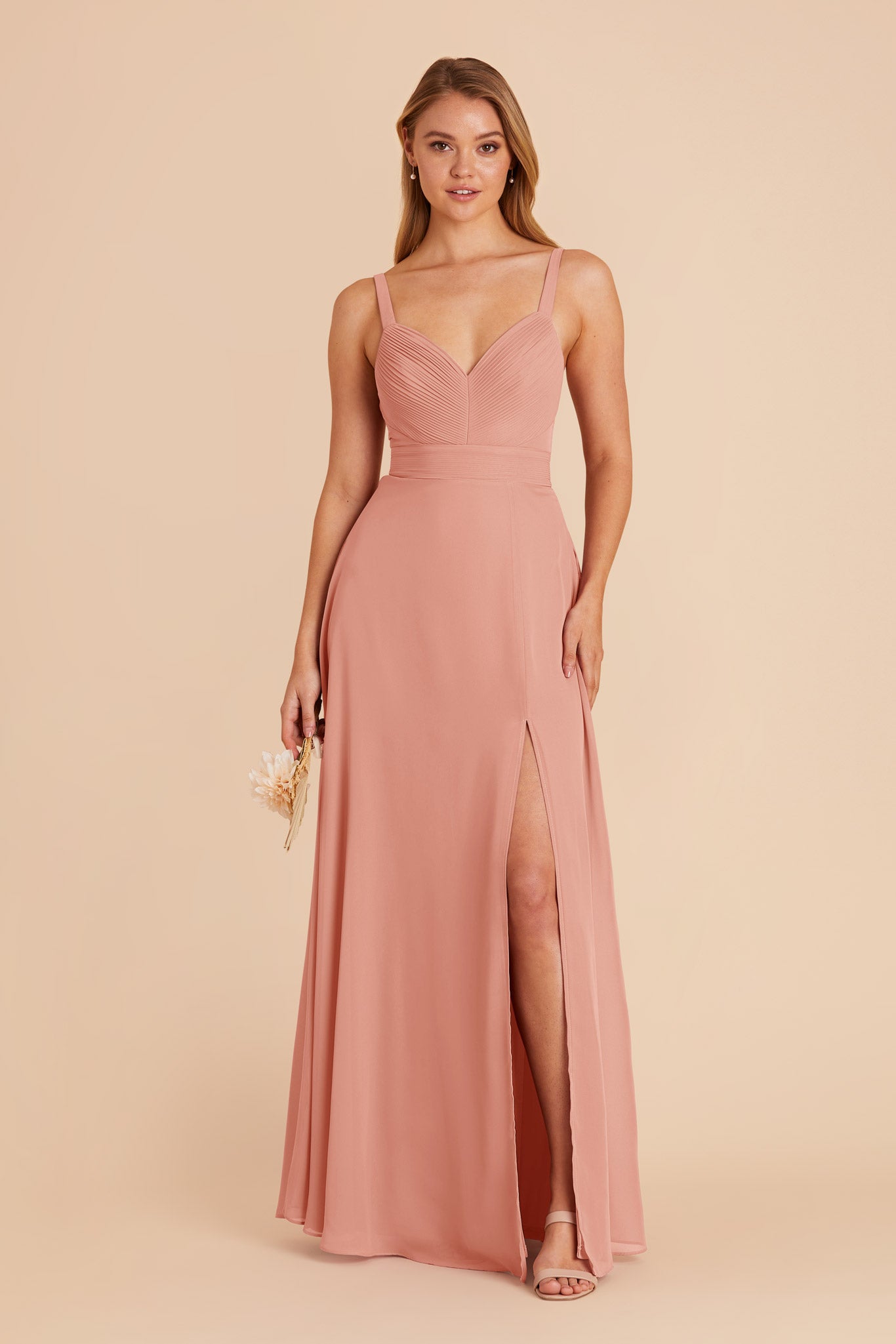 Chiffon A-Line Dress with V-Neck & Slit | Deborah in Dusty Rose