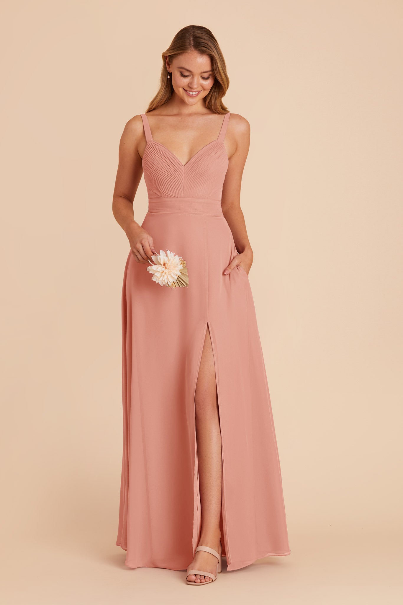 Chiffon A-Line Dress with V-Neck & Slit | Deborah in Dusty Rose