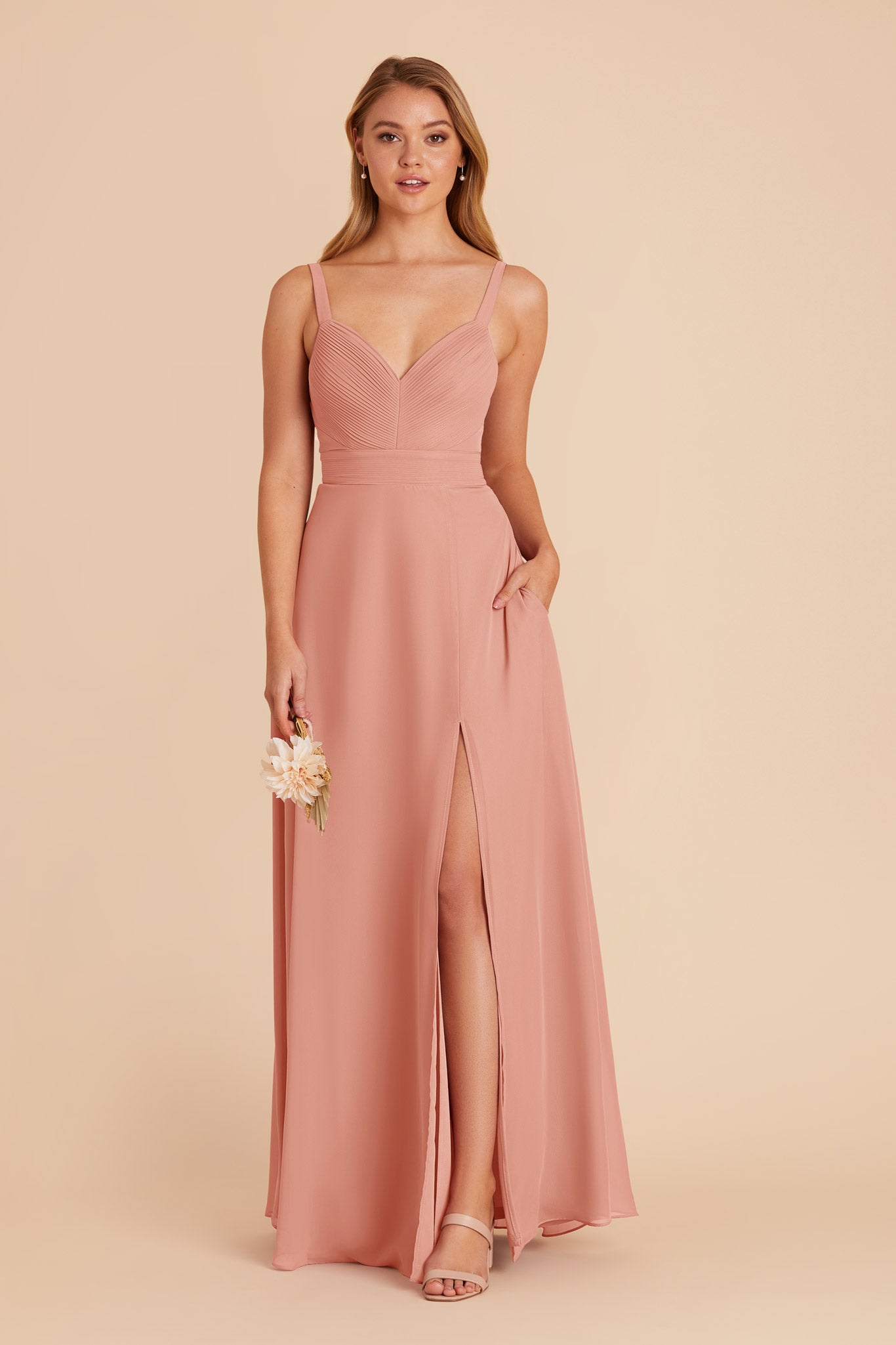 Chiffon A-Line Dress with V-Neck & Slit | Deborah in Dusty Rose